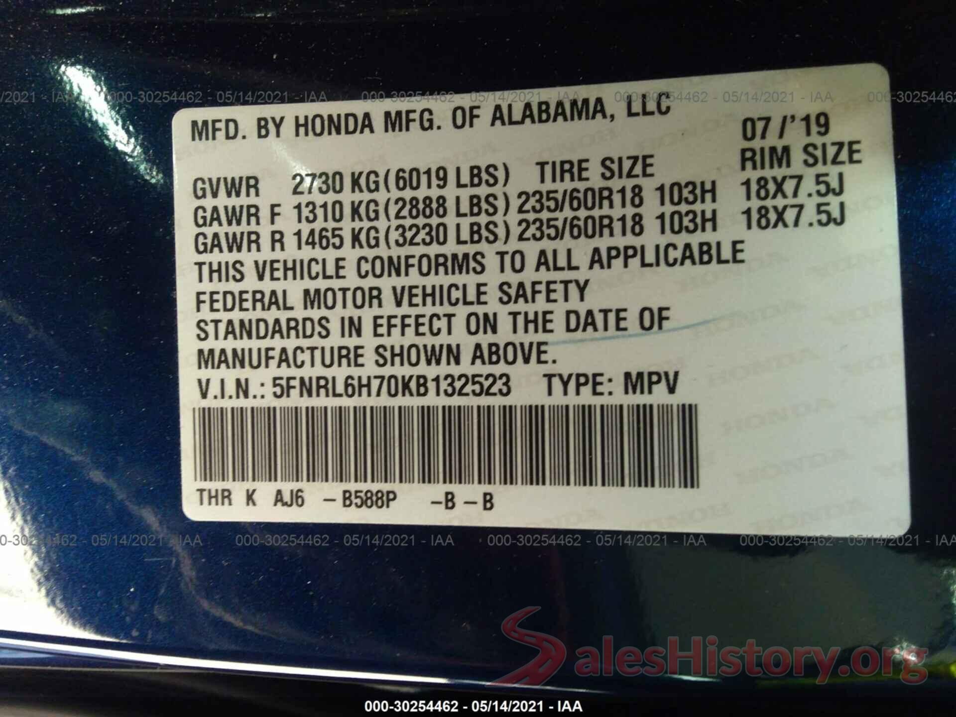 5FNRL6H70KB132523 2019 HONDA ODYSSEY