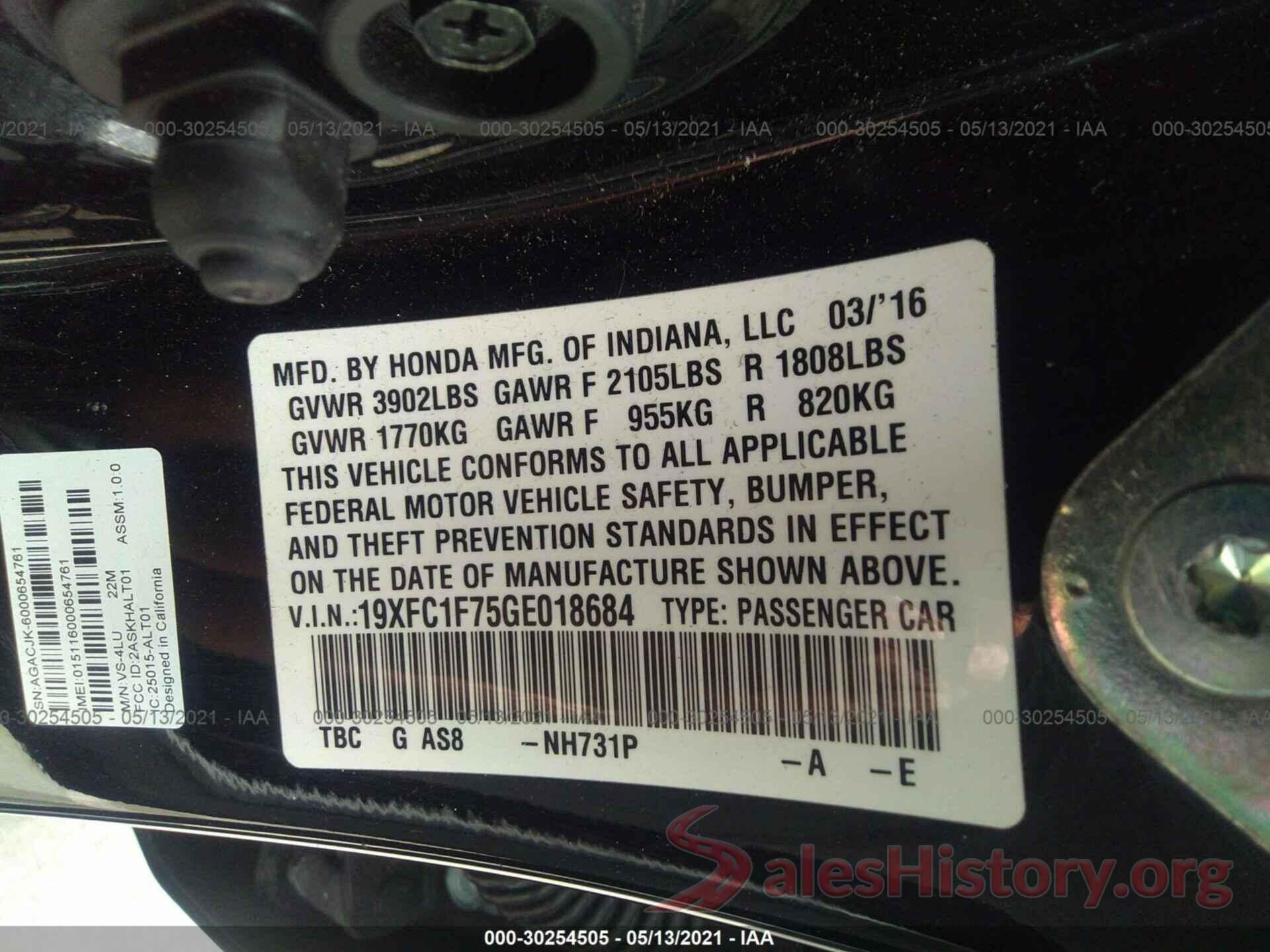 19XFC1F75GE018684 2016 HONDA CIVIC SEDAN