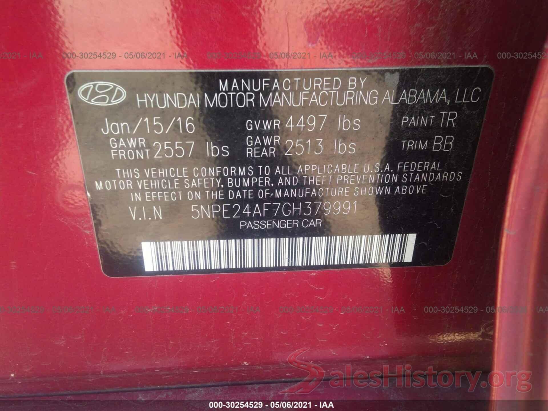 5NPE24AF7GH379991 2016 HYUNDAI SONATA