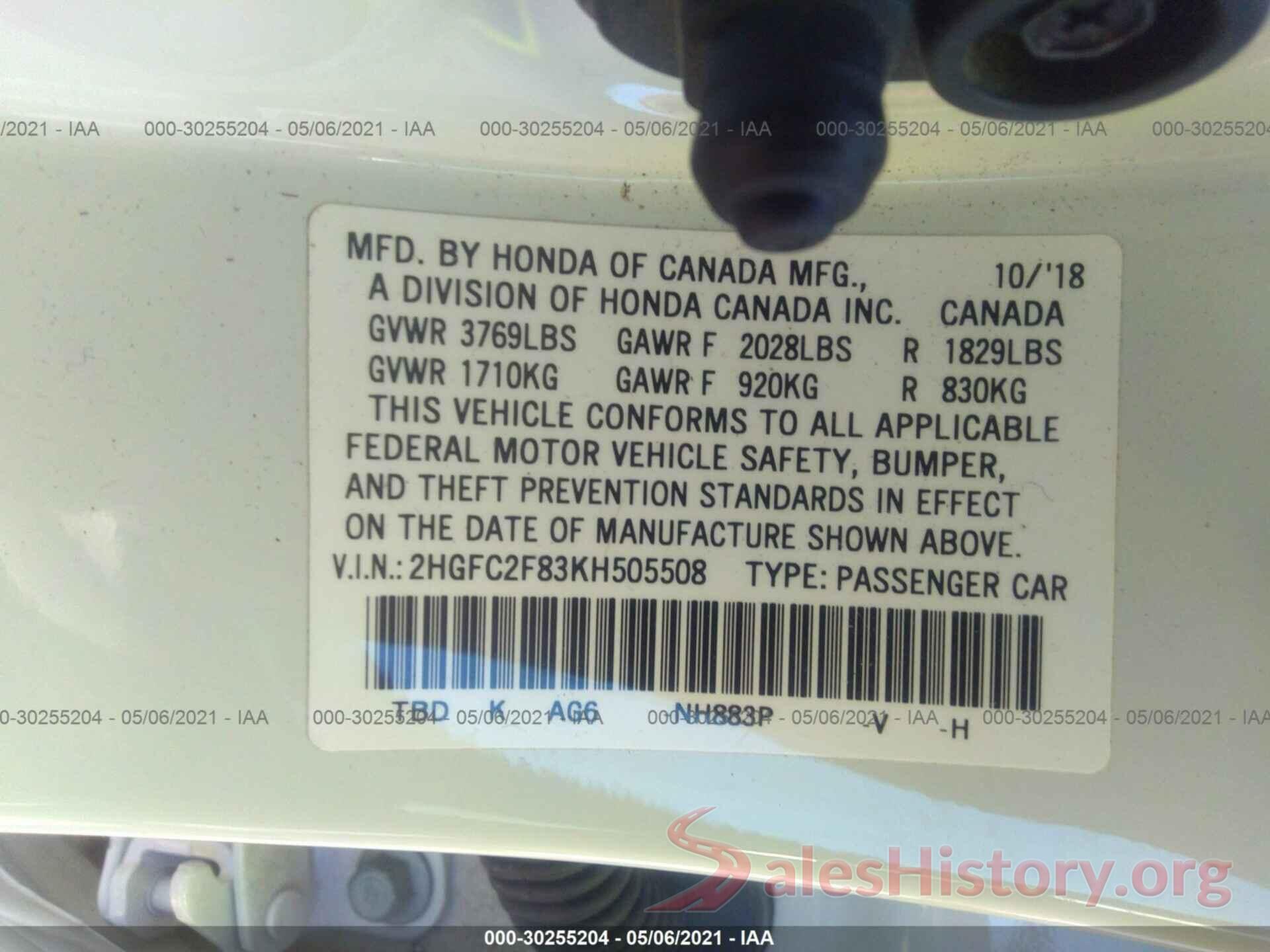 2HGFC2F83KH505508 2019 HONDA CIVIC SEDAN