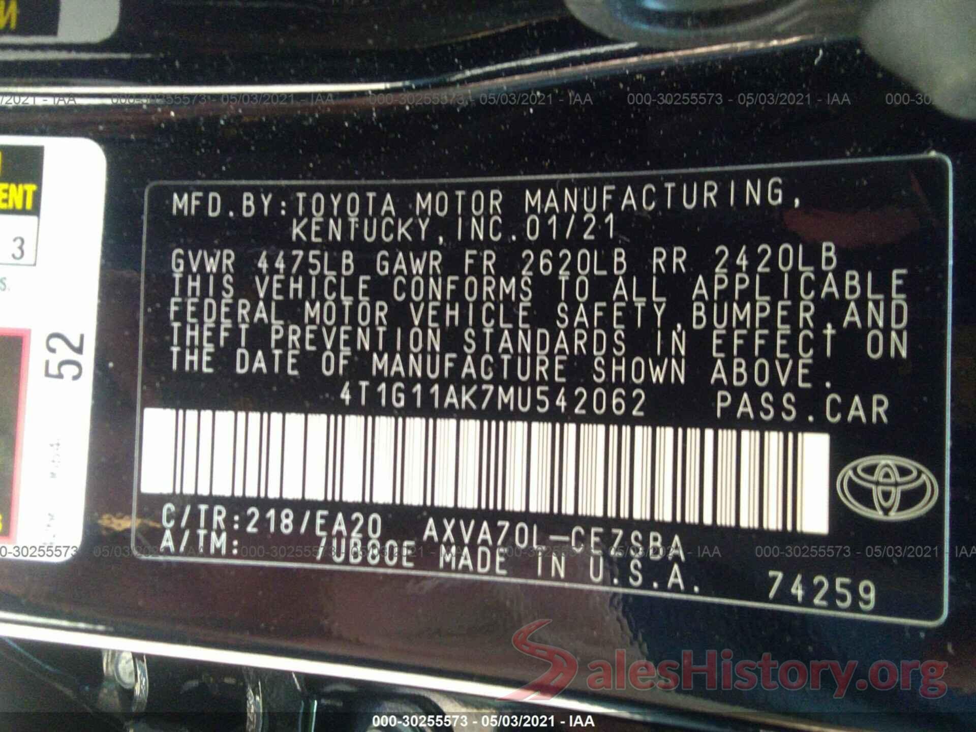 4T1G11AK7MU542062 2021 TOYOTA CAMRY