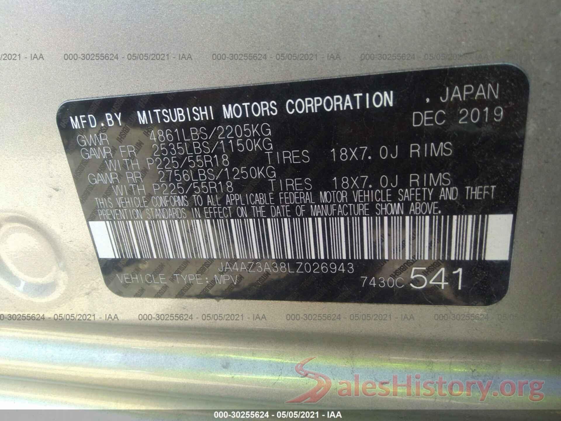 JA4AZ3A38LZ026943 2020 MITSUBISHI OUTLANDER