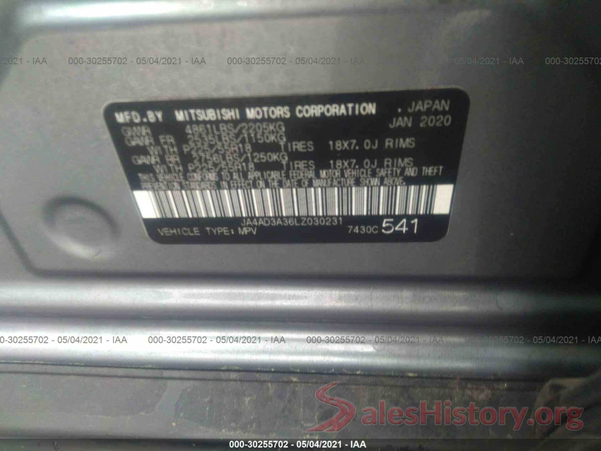 JA4AD3A36LZ030231 2020 MITSUBISHI OUTLANDER