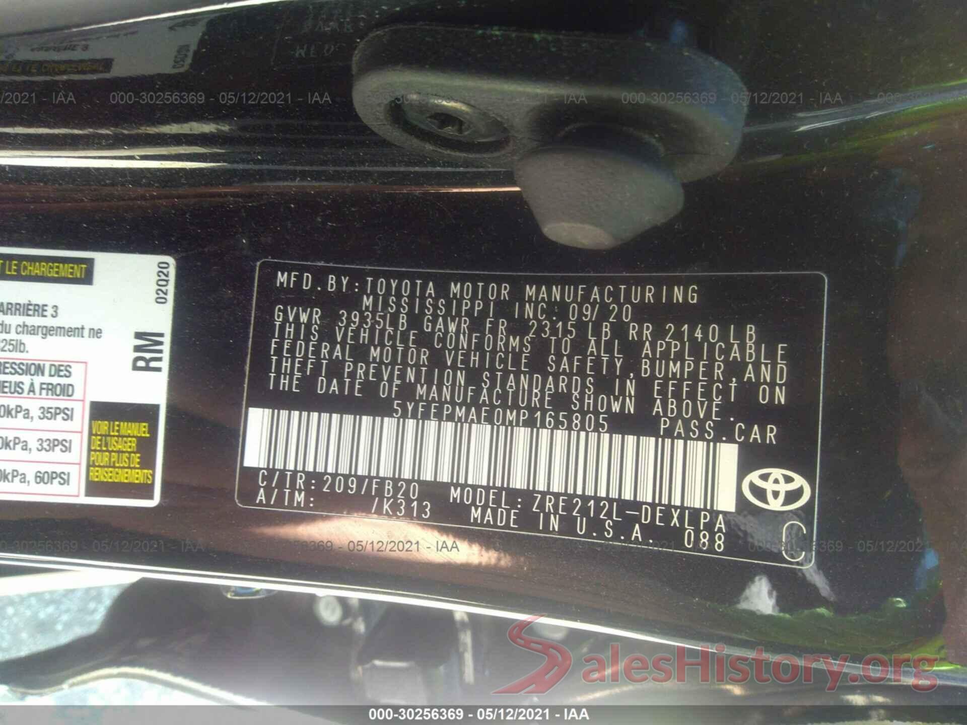 5YFEPMAE0MP165805 2021 TOYOTA COROLLA