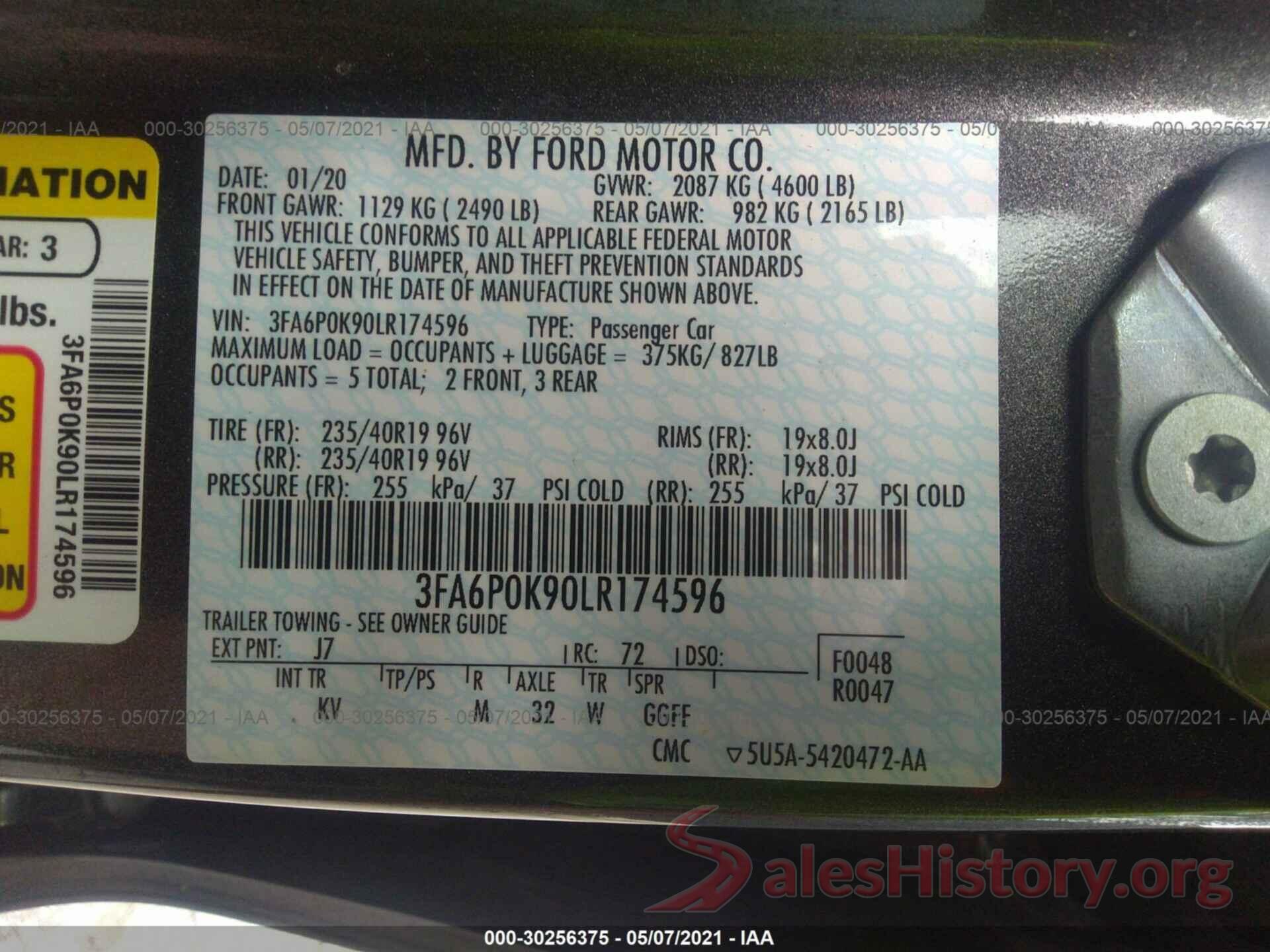 3FA6P0K90LR174596 2020 FORD FUSION