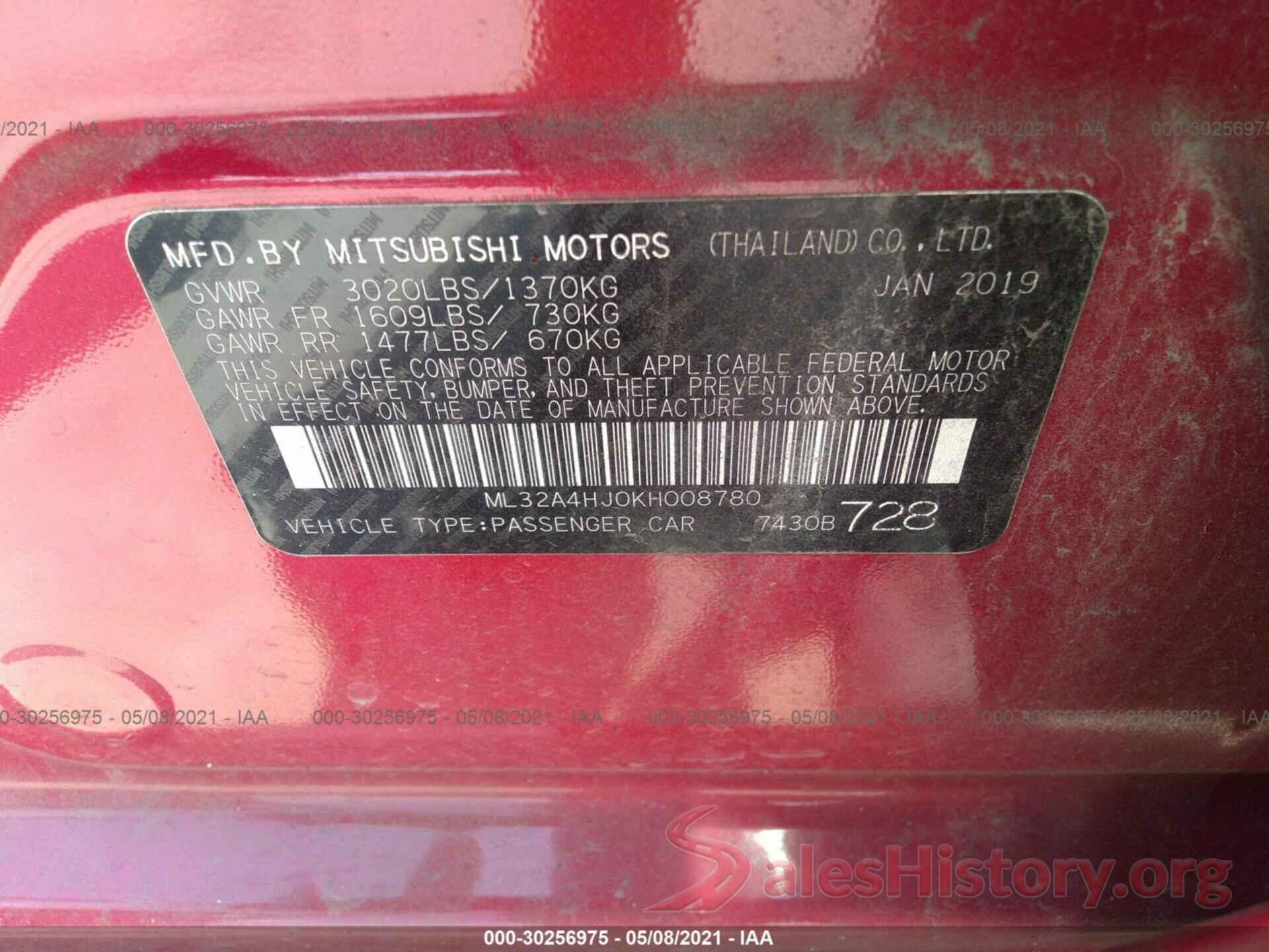 ML32A4HJ0KH008780 2019 MITSUBISHI MIRAGE