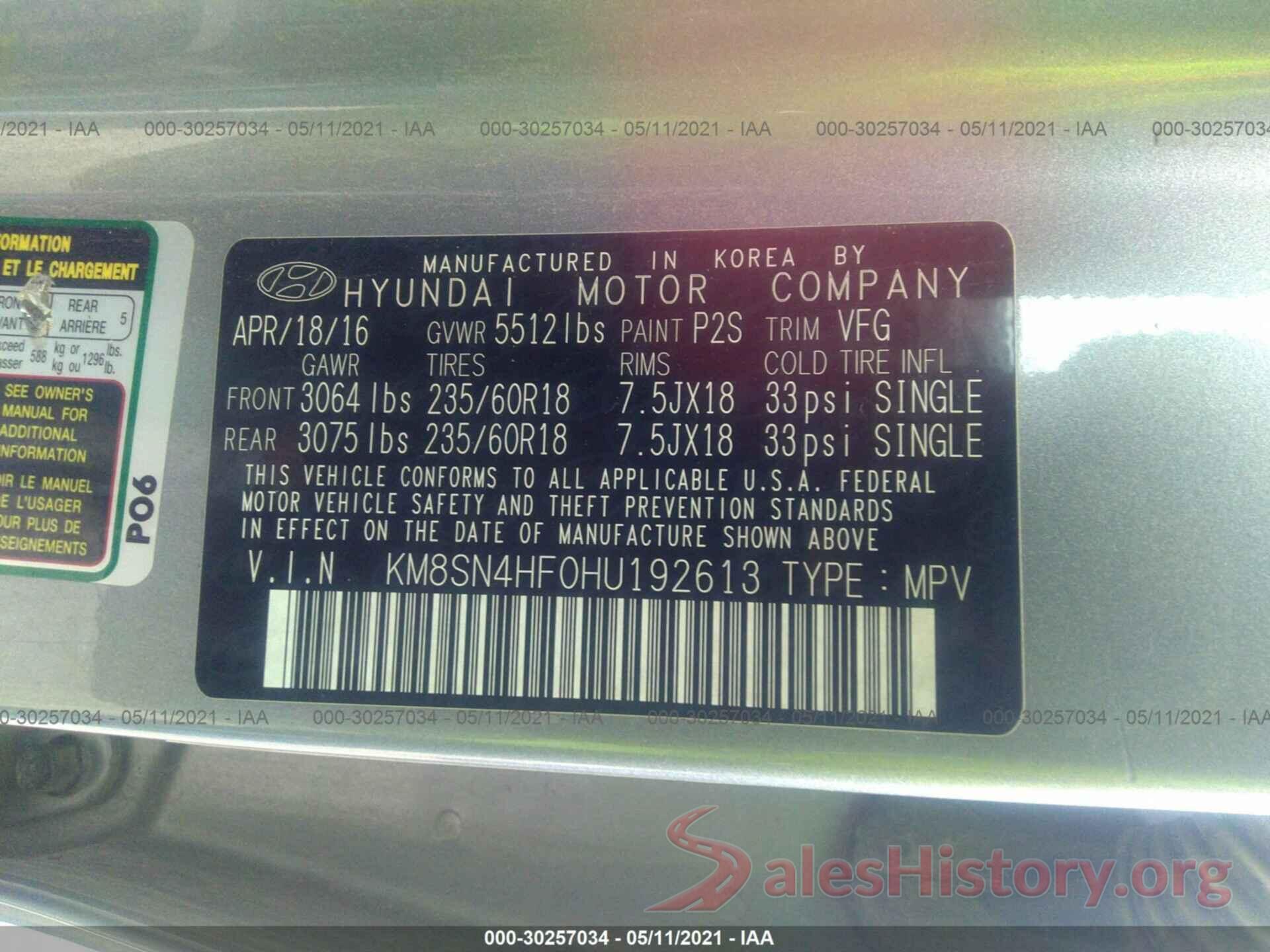 KM8SN4HF0HU192613 2017 HYUNDAI SANTA FE