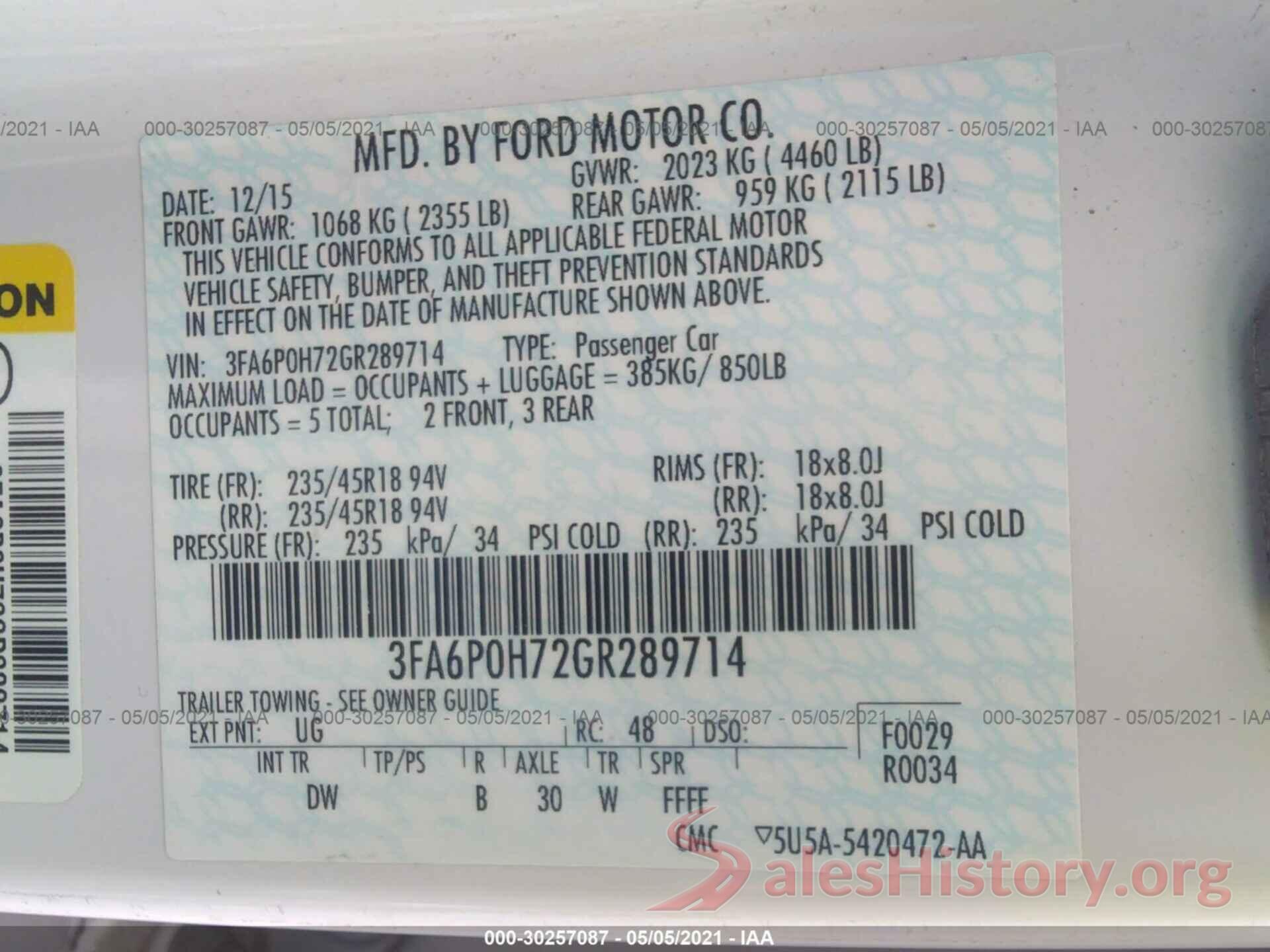 3FA6P0H72GR289714 2016 FORD FUSION