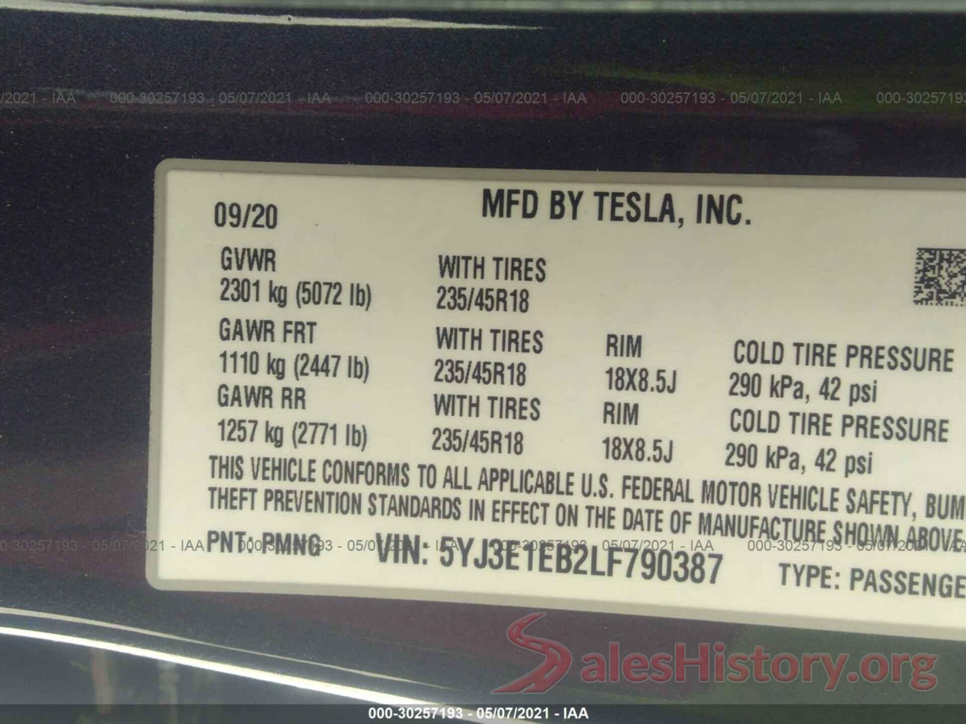 5YJ3E1EB2LF790387 2020 TESLA MODEL 3