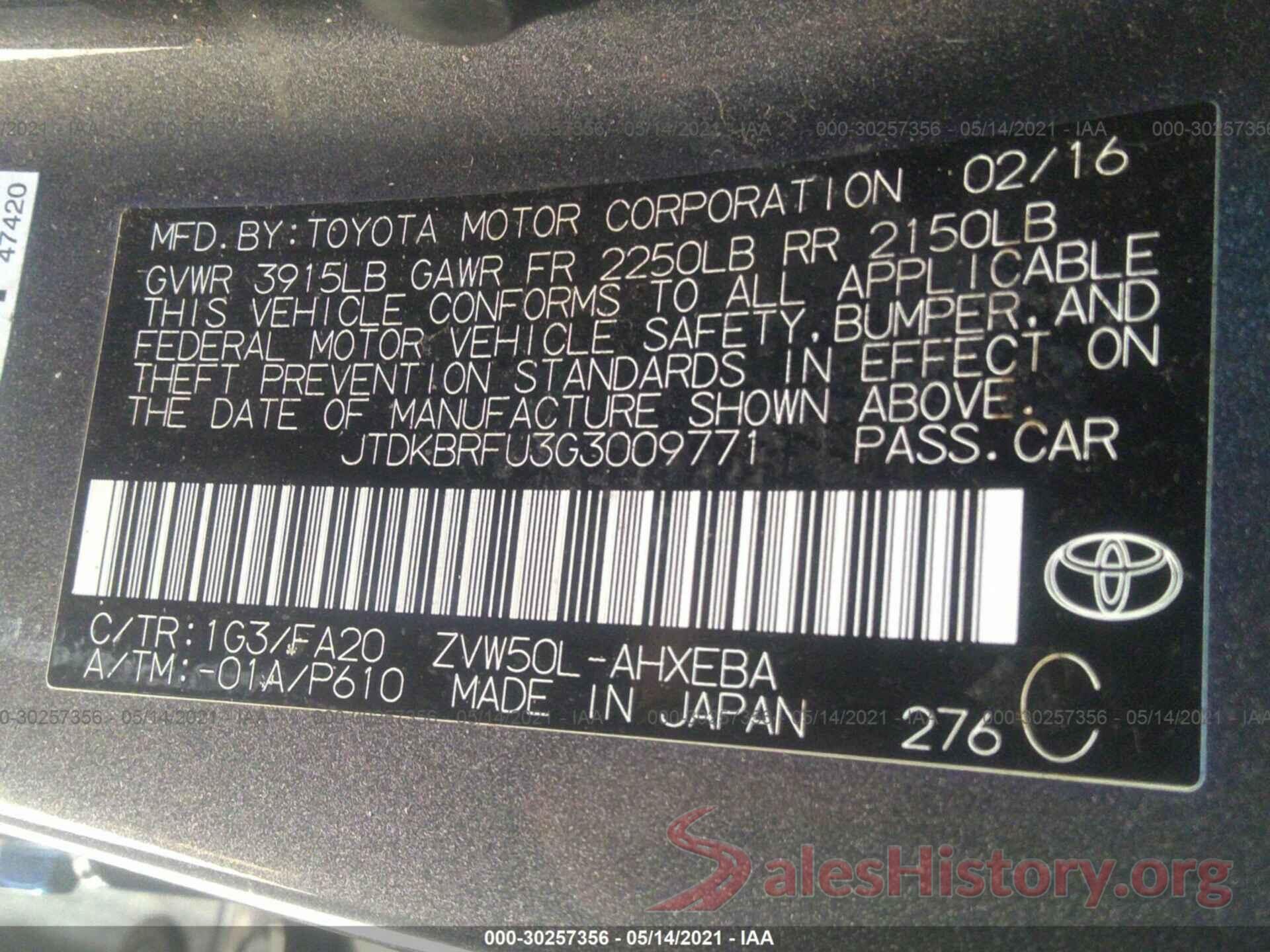 JTDKBRFU3G3009771 2016 TOYOTA PRIUS