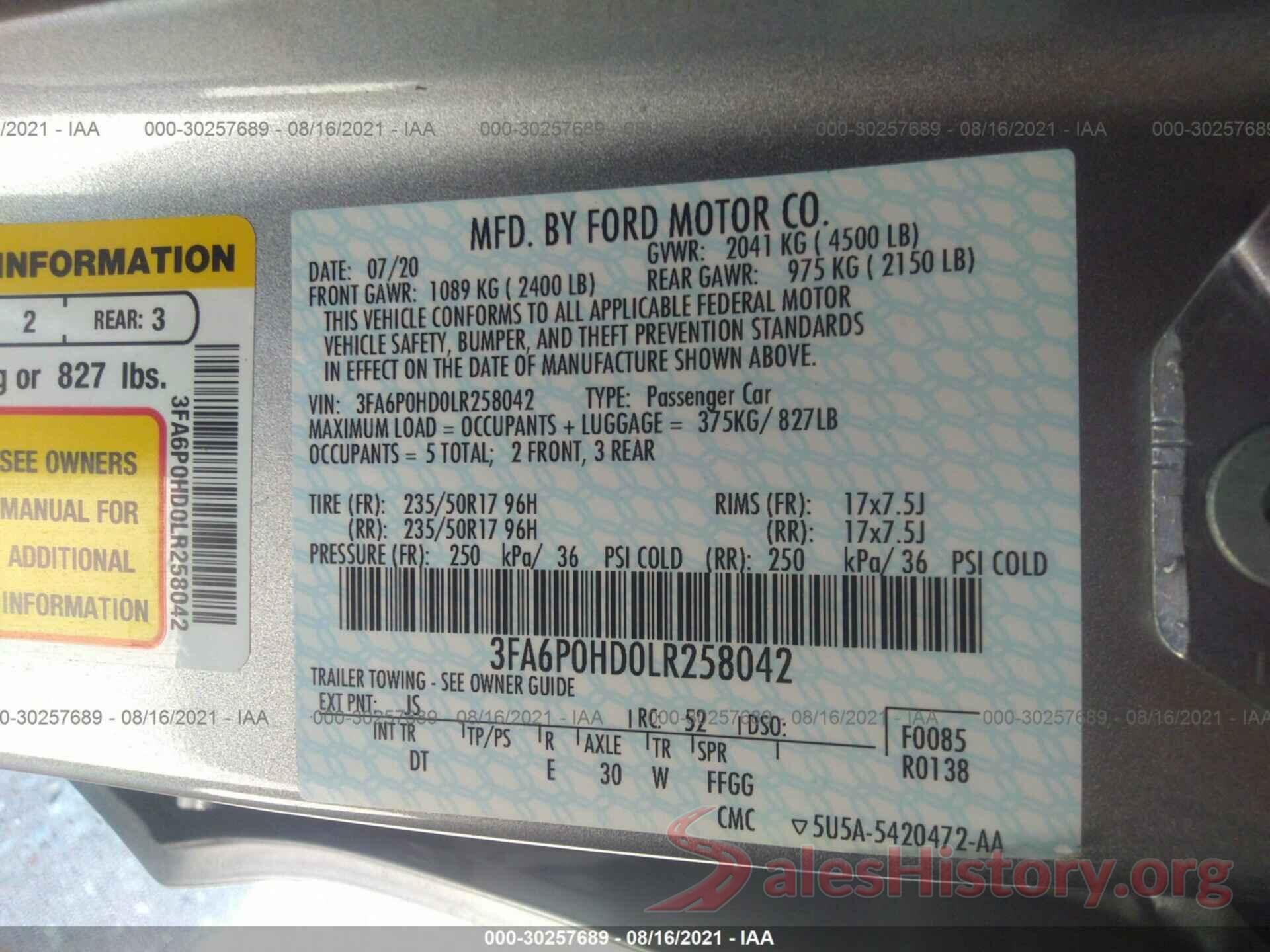 3FA6P0HD0LR258042 2020 FORD FUSION