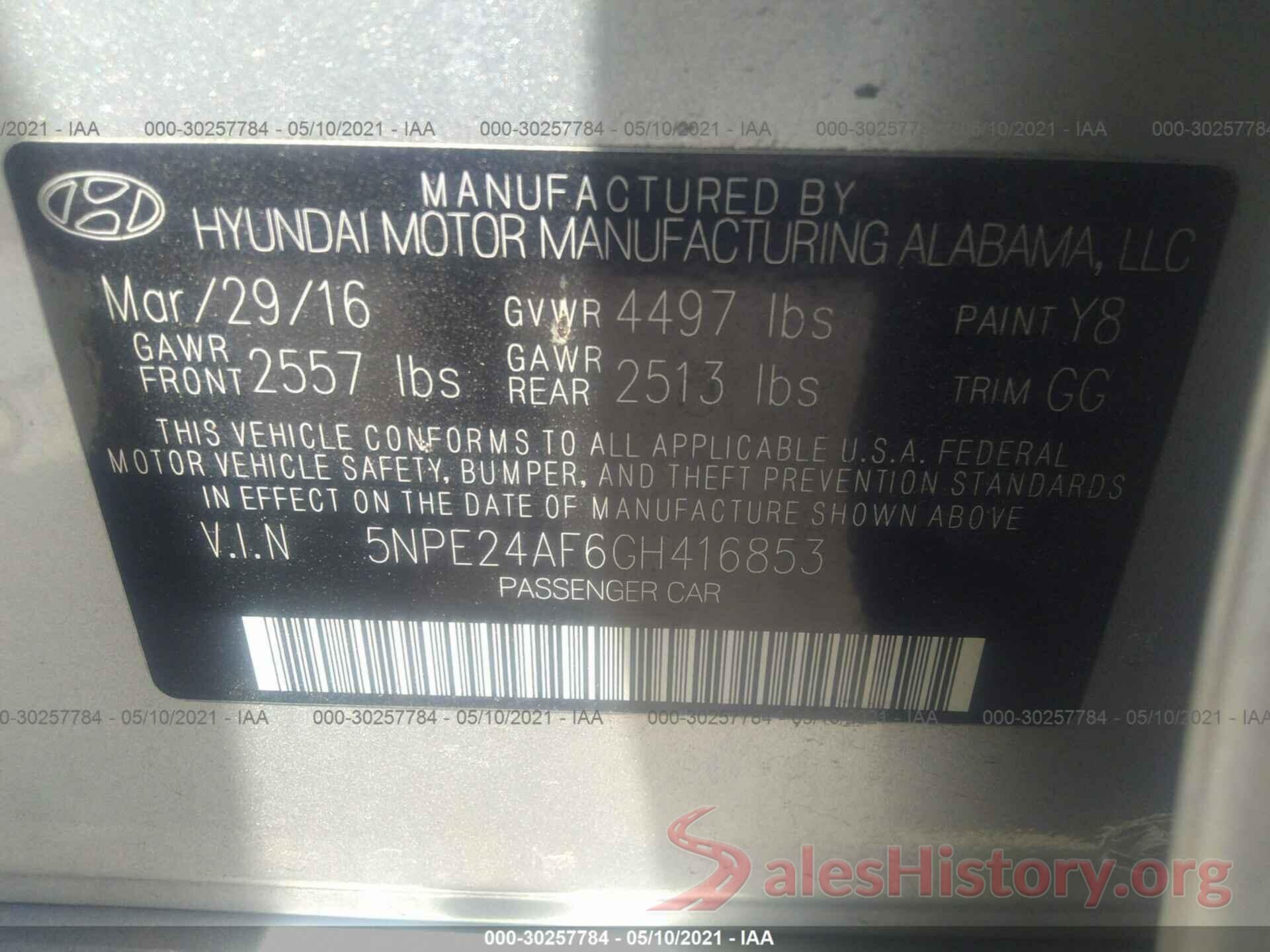 5NPE24AF6GH416853 2016 HYUNDAI SONATA