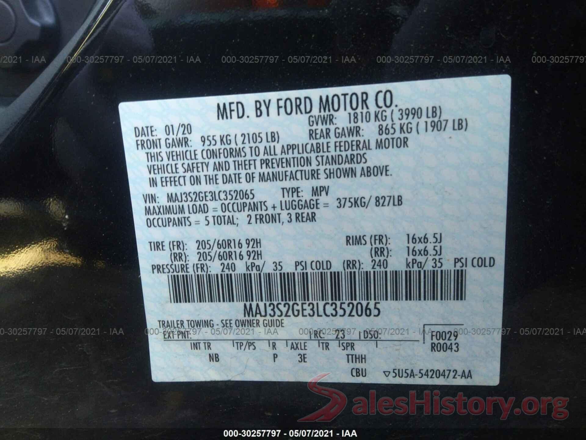 MAJ3S2GE3LC352065 2020 FORD ECOSPORT