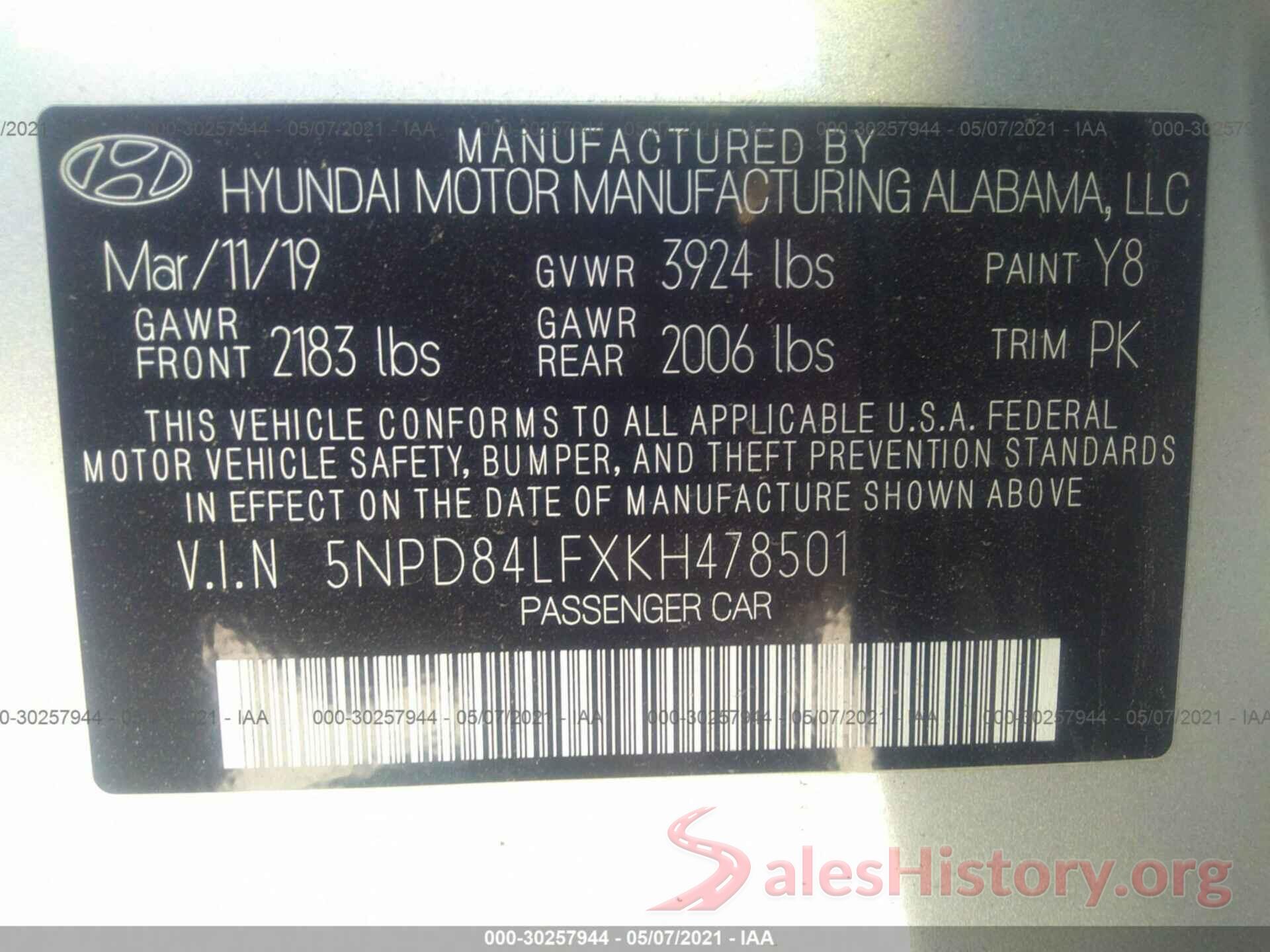 5NPD84LFXKH478501 2019 HYUNDAI ELANTRA