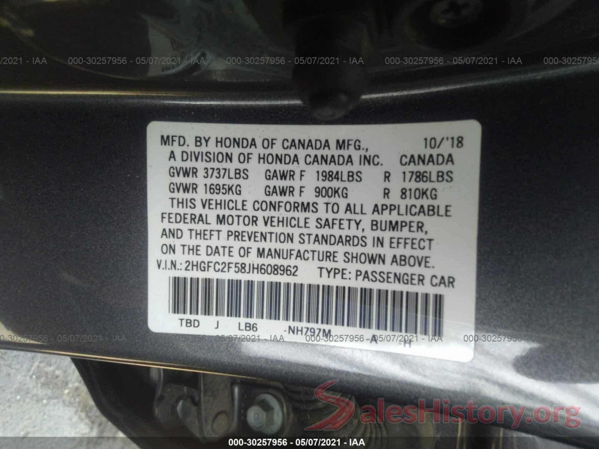 2HGFC2F58JH608962 2018 HONDA CIVIC SEDAN