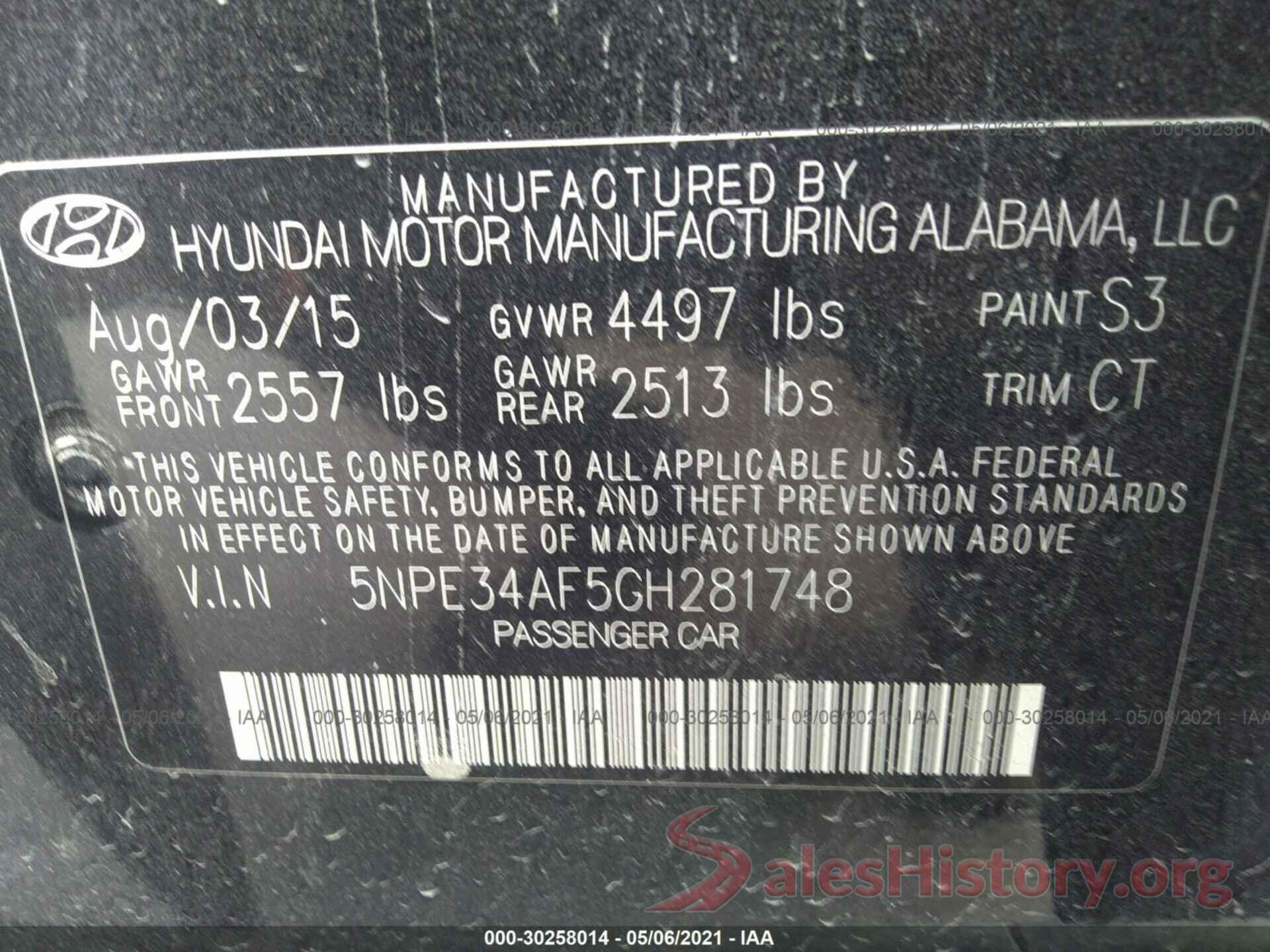 5NPE34AF5GH281748 2016 HYUNDAI SONATA