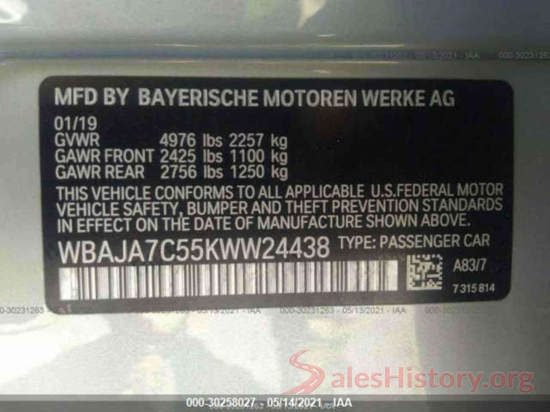 WBAJA7C55KWW24438 2019 BMW 5 SERIES