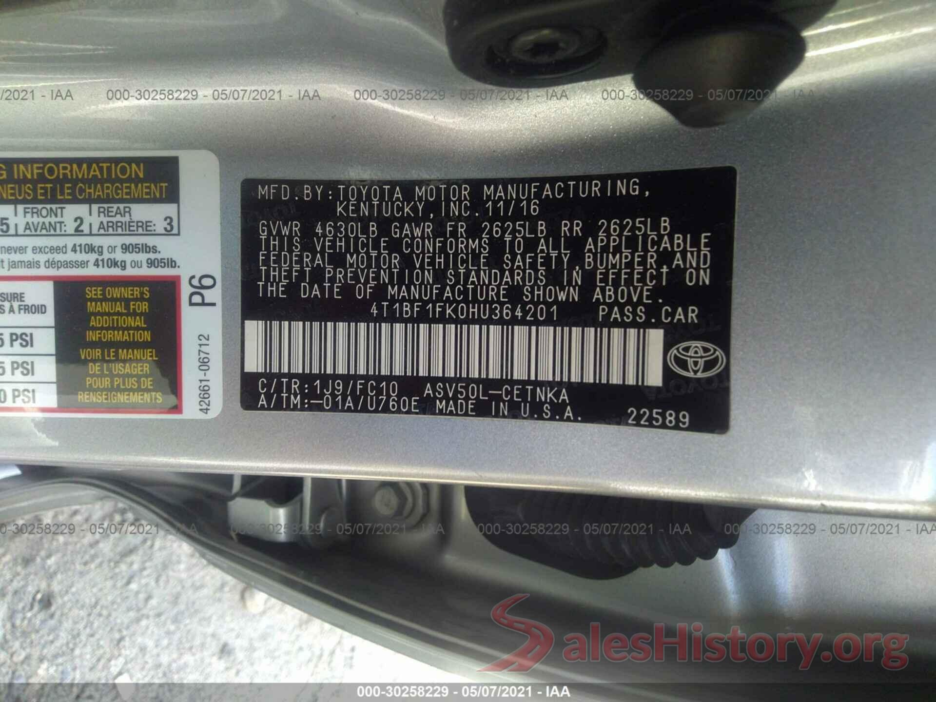 4T1BF1FK0HU364201 2017 TOYOTA CAMRY