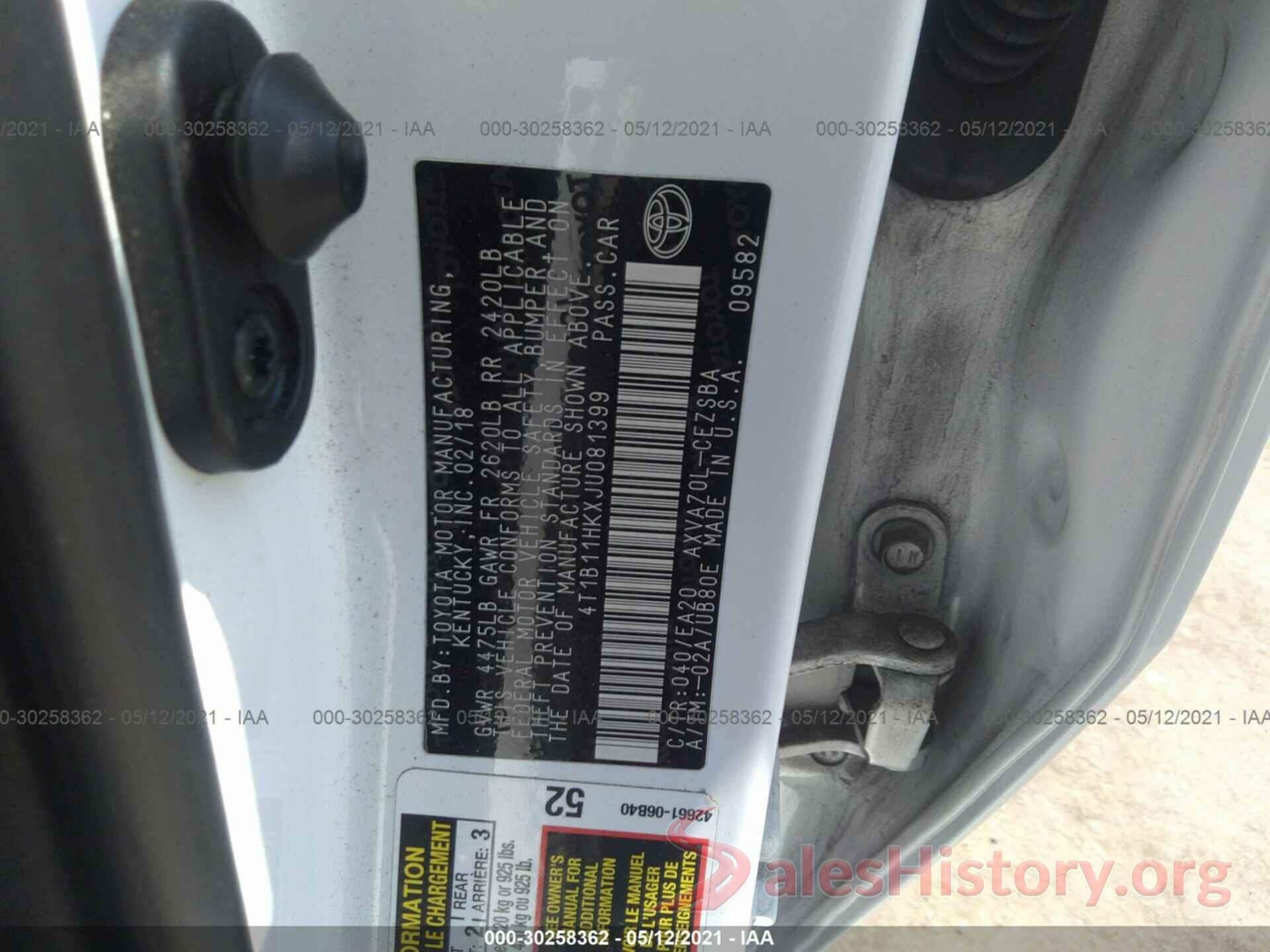 4T1B11HKXJU081399 2018 TOYOTA CAMRY