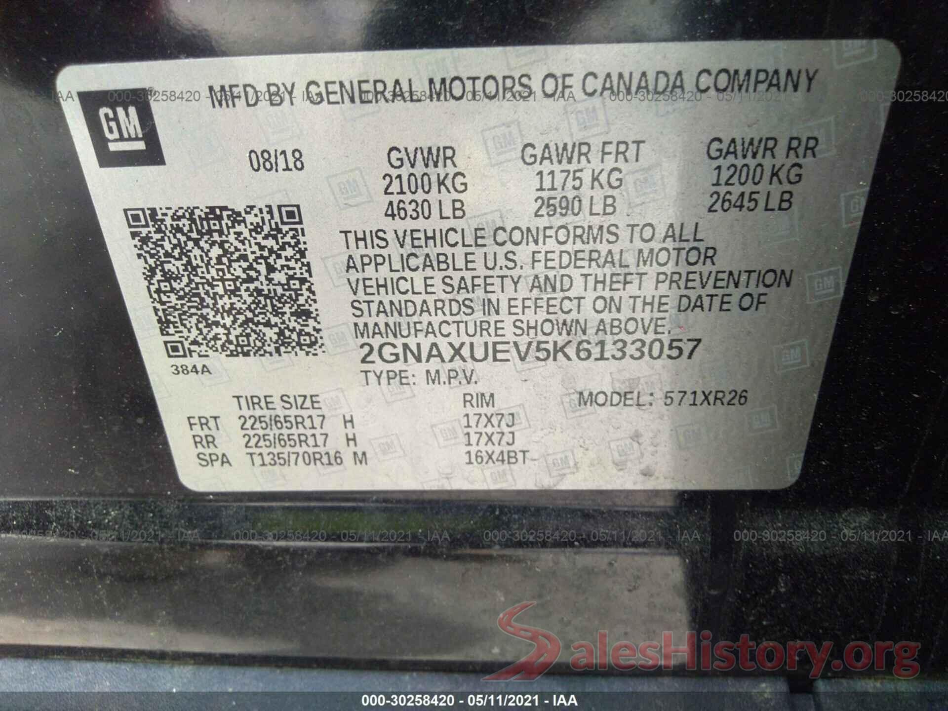 2GNAXUEV5K6133057 2019 CHEVROLET EQUINOX