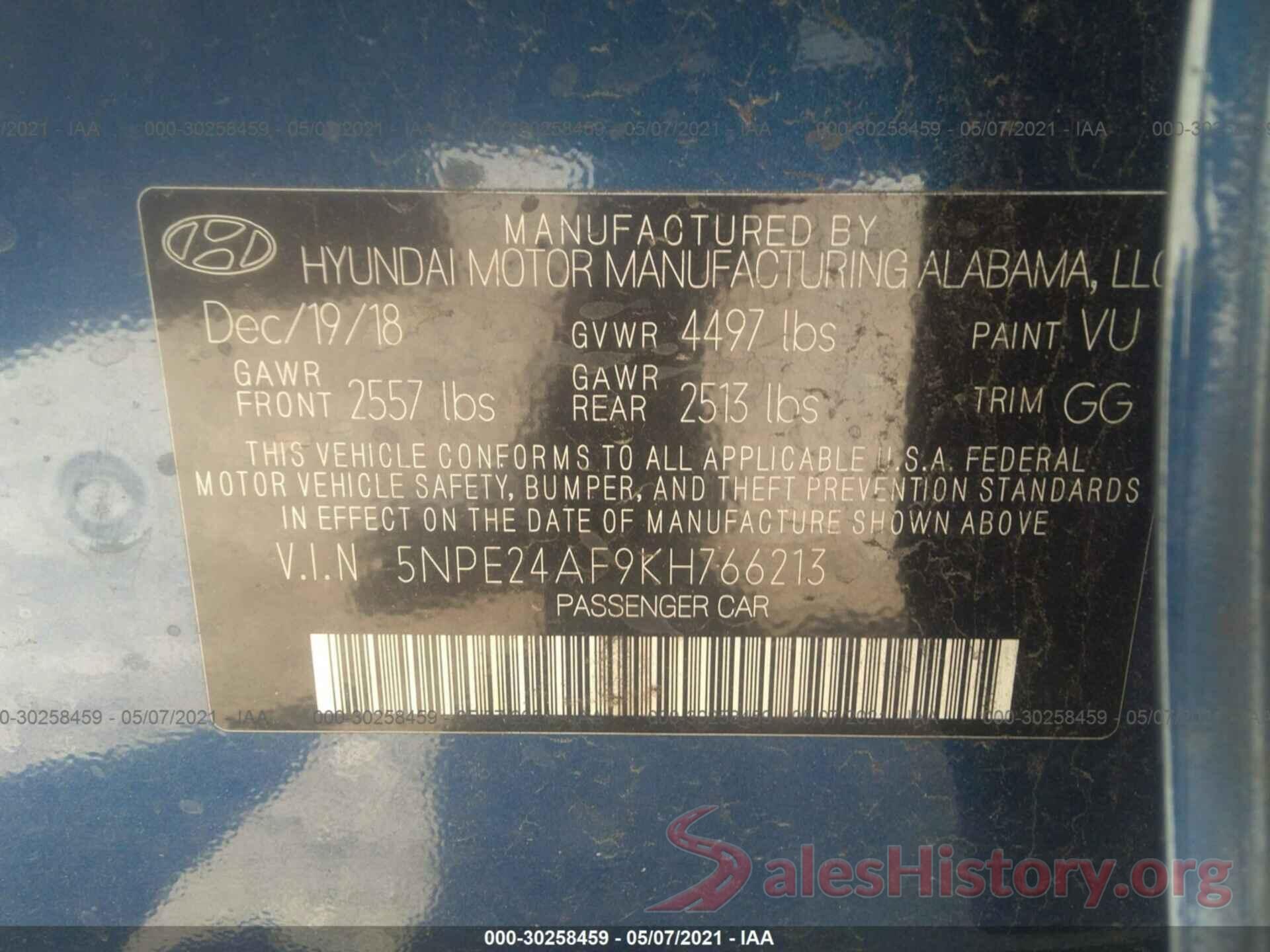 5NPE24AF9KH766213 2019 HYUNDAI SONATA