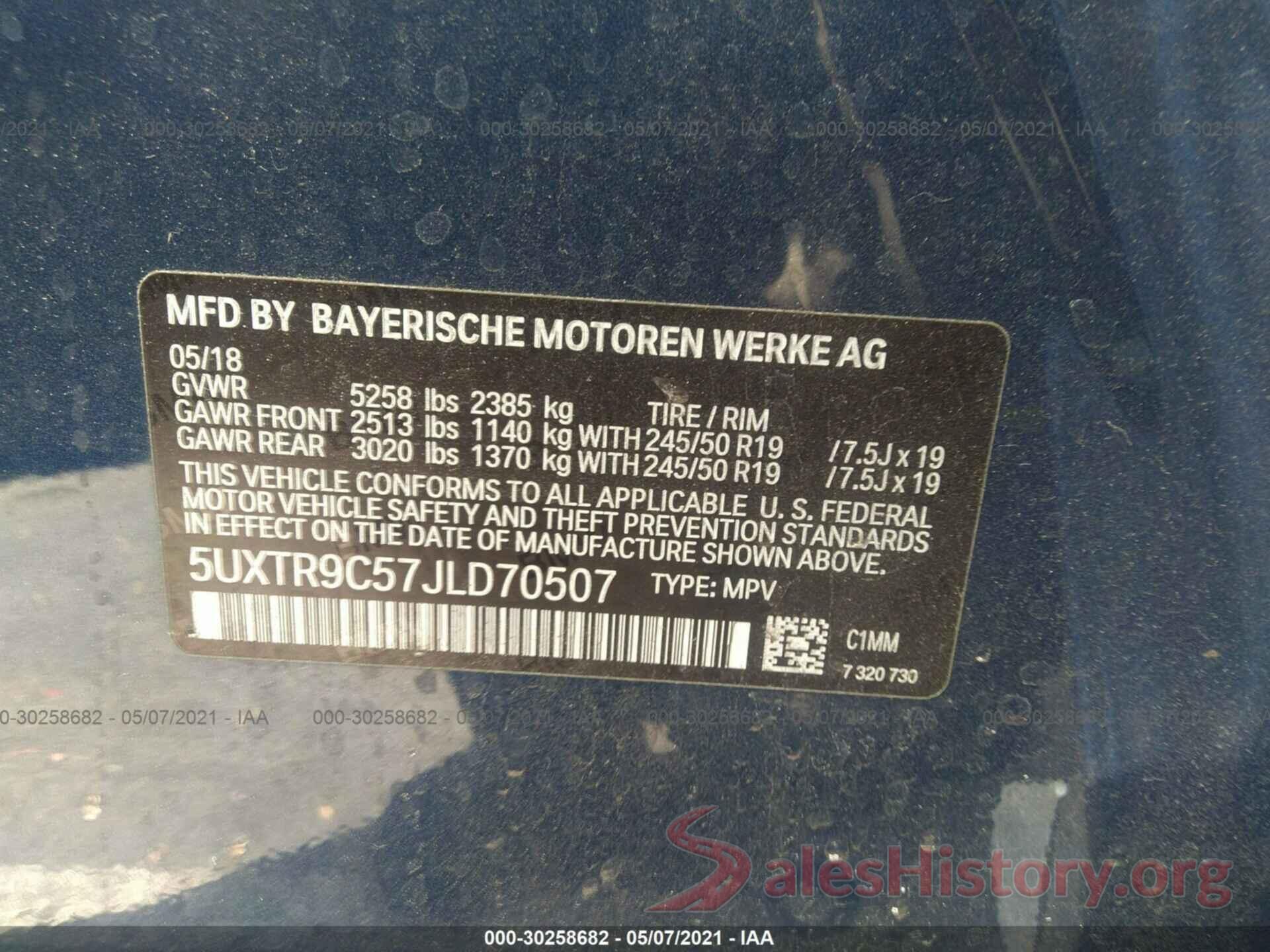 5UXTR9C57JLD70507 2018 BMW X3