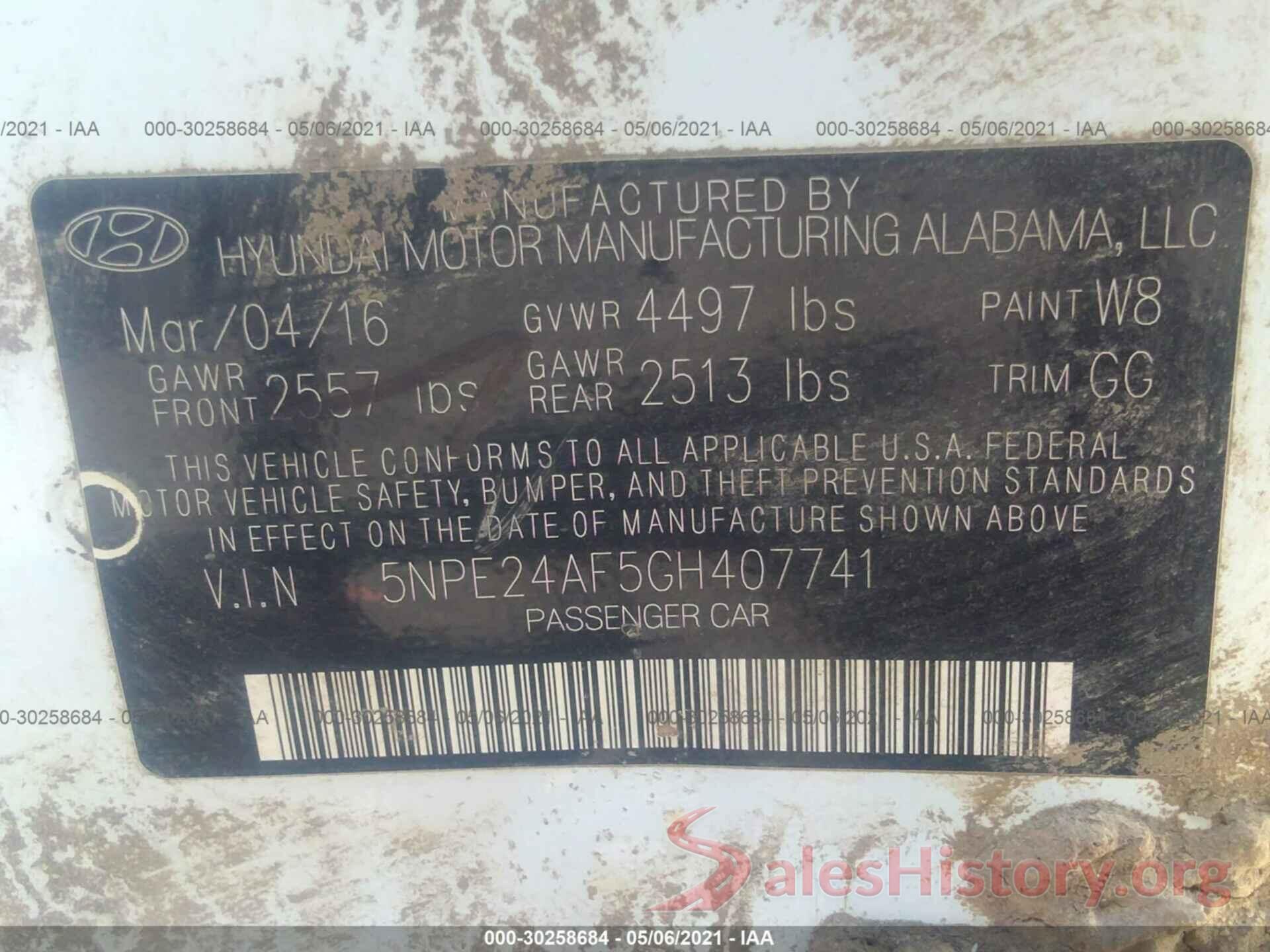 5NPE24AF5GH407741 2016 HYUNDAI SONATA