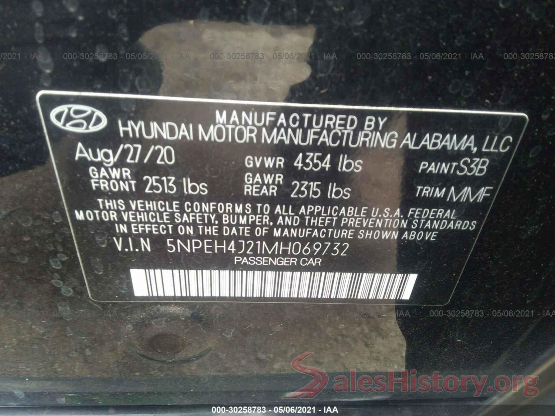 5NPEH4J21MH069732 2021 HYUNDAI SONATA