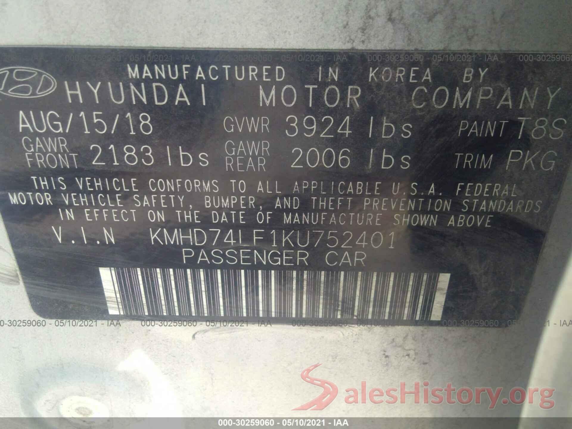 KMHD74LF1KU752401 2019 HYUNDAI ELANTRA