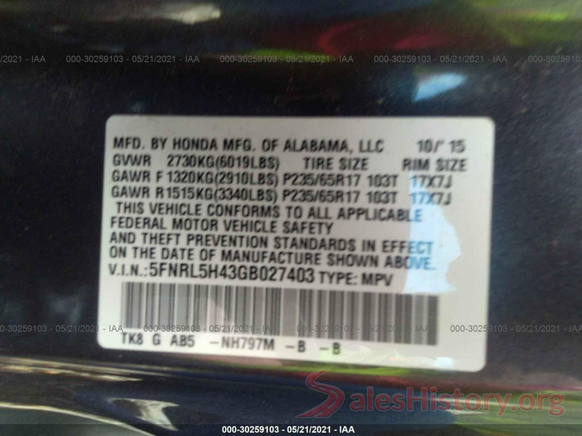 5FNRL5H43GB027403 2016 HONDA ODYSSEY