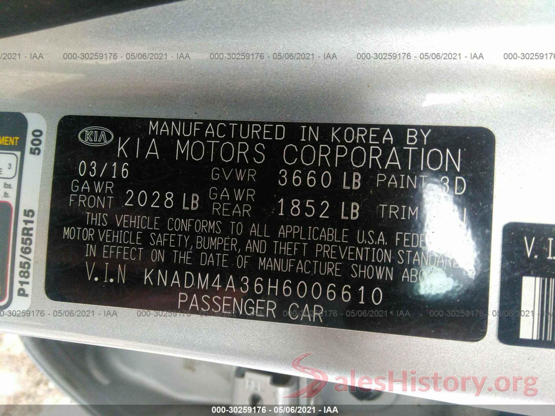 KNADM4A36H6006610 2017 KIA RIO