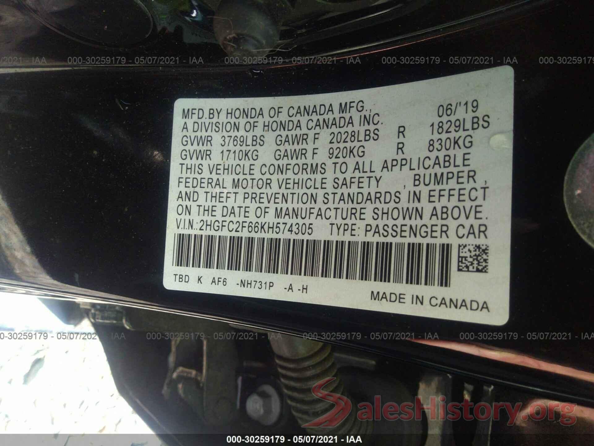 2HGFC2F66KH574305 2019 HONDA CIVIC SEDAN