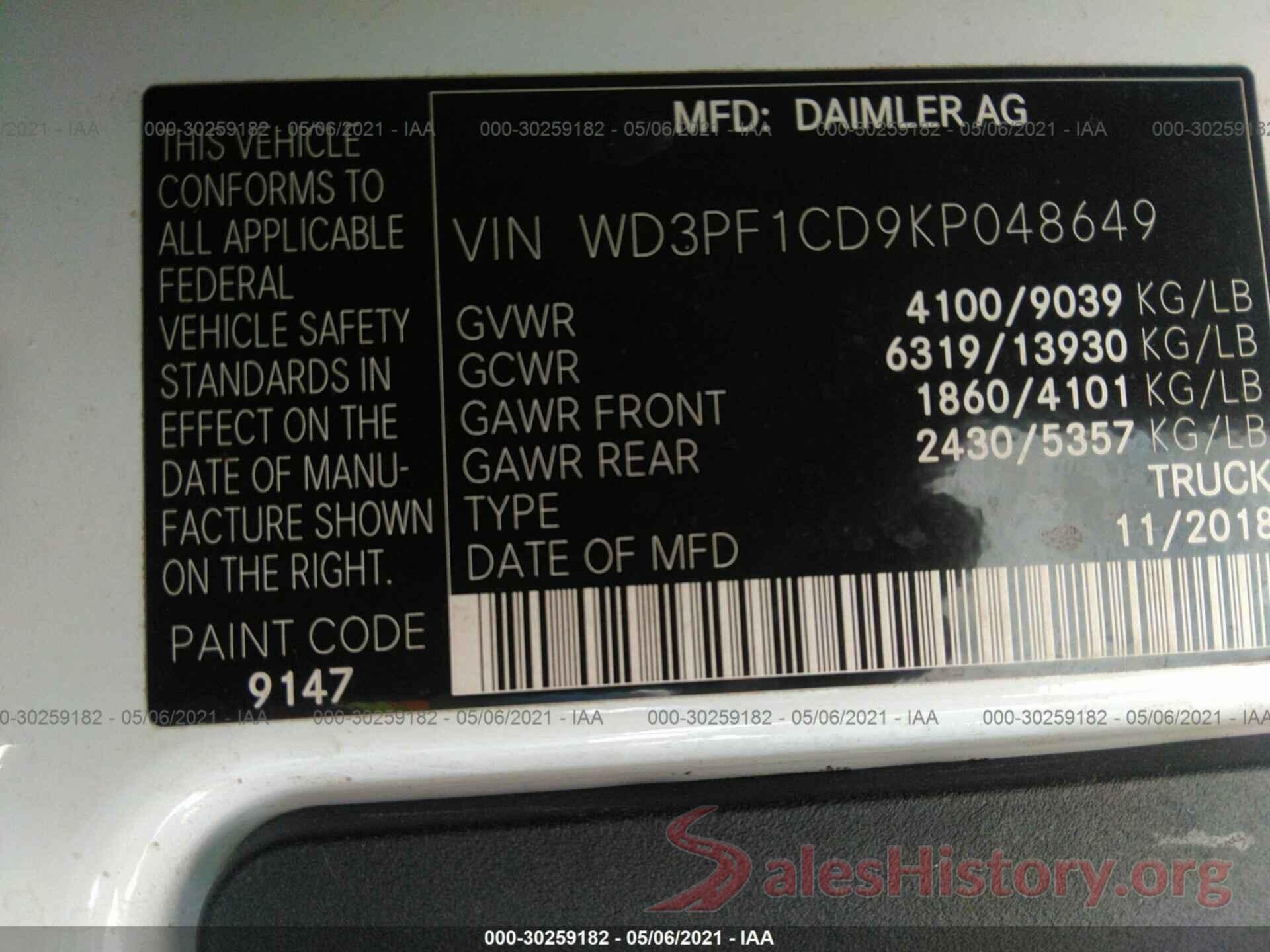 WD3PF1CD9KP048649 2019 MERCEDES-BENZ SPRINTER CARGO VAN