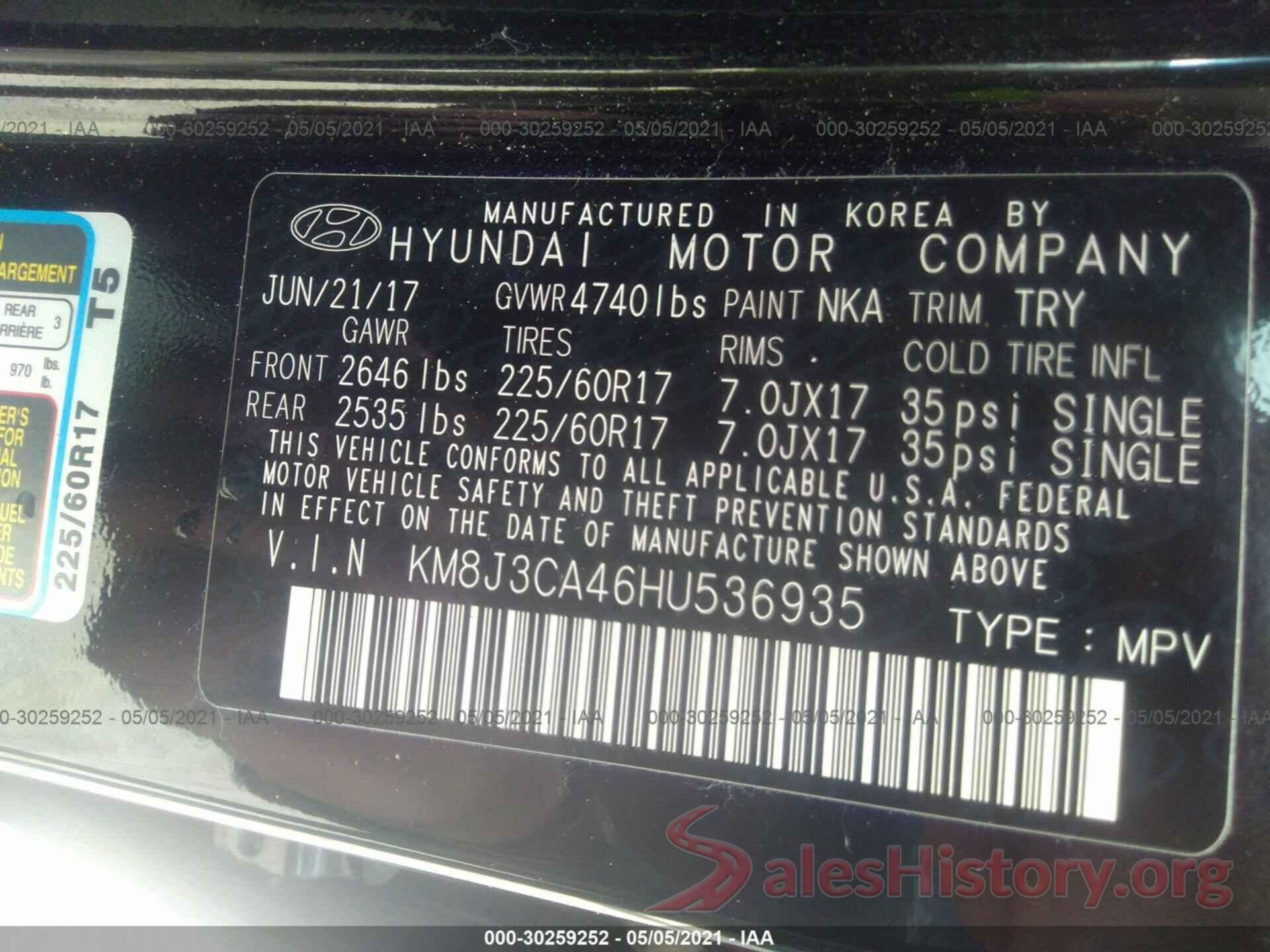 KM8J3CA46HU536935 2017 HYUNDAI TUCSON