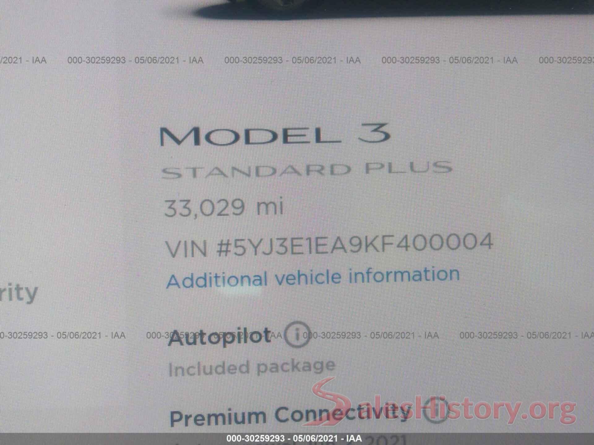 5YJ3E1EA9KF400004 2019 TESLA MODEL 3