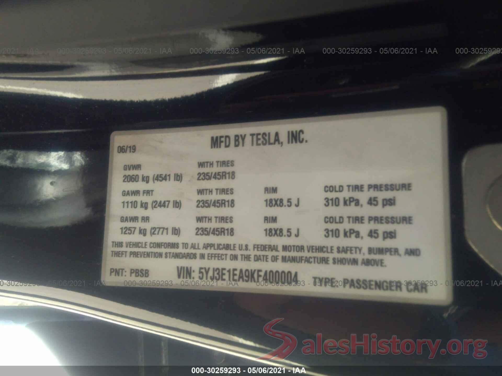 5YJ3E1EA9KF400004 2019 TESLA MODEL 3