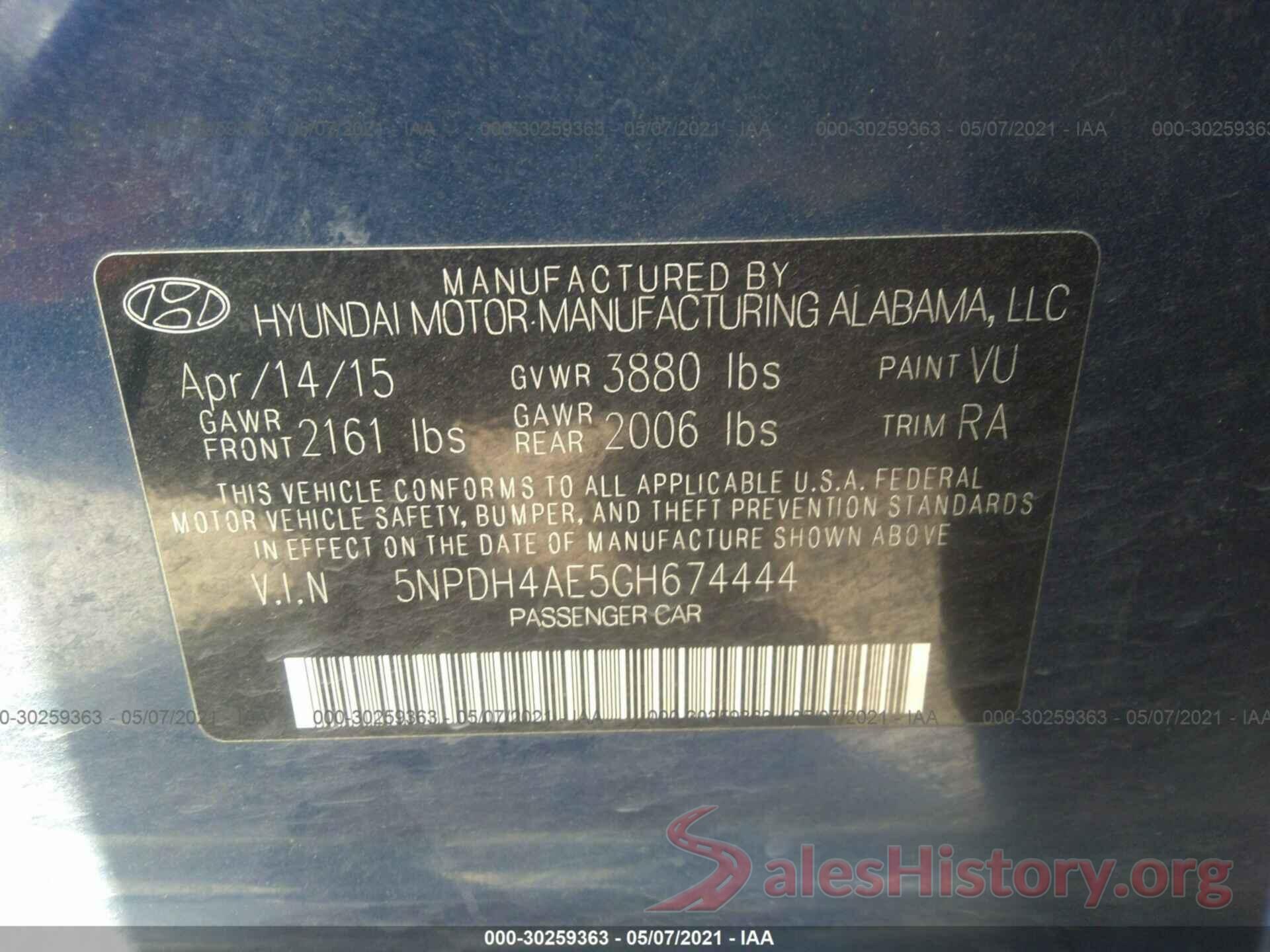 5NPDH4AE5GH674444 2016 HYUNDAI ELANTRA