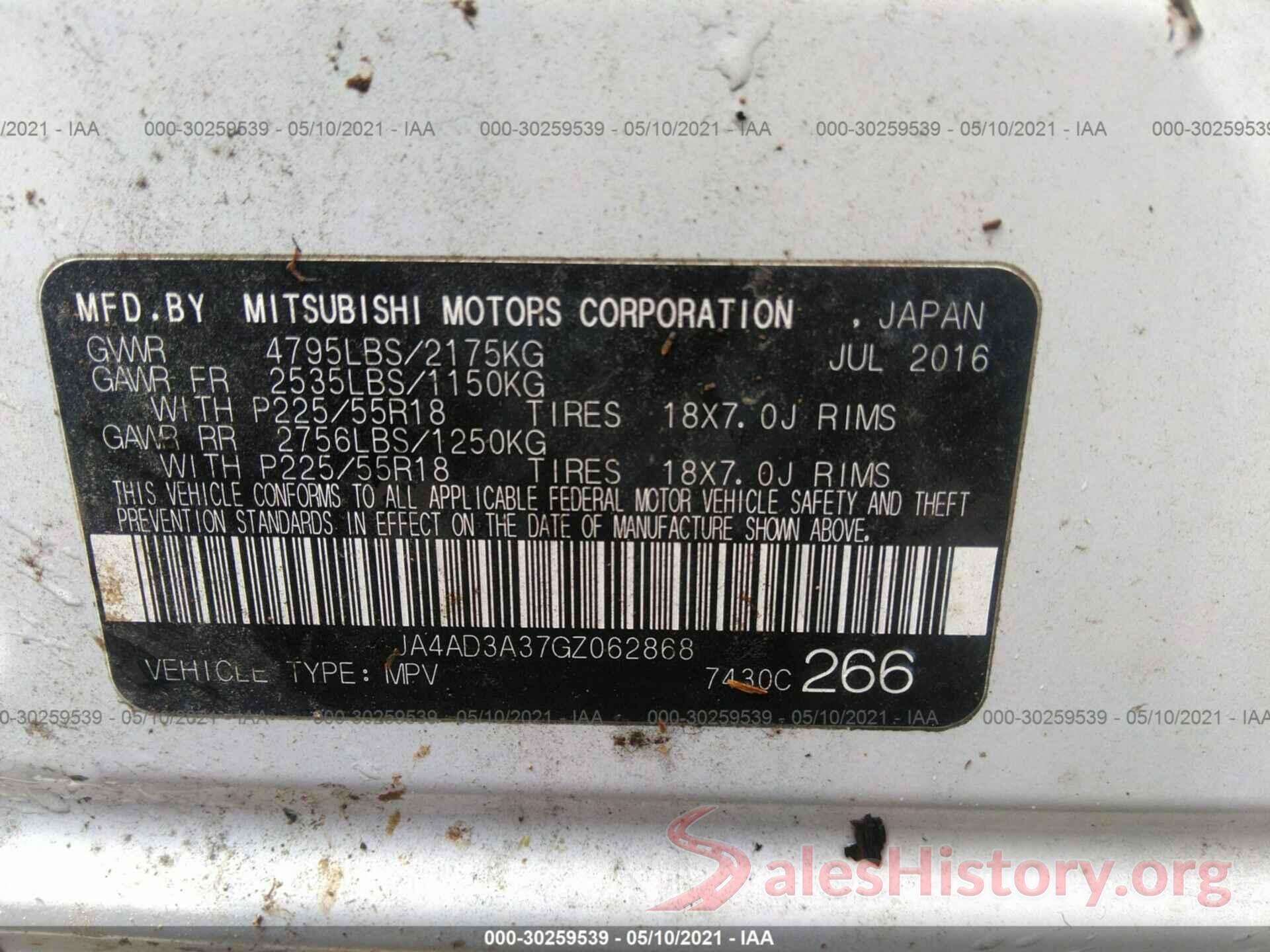 JA4AD3A37GZ062868 2016 MITSUBISHI OUTLANDER