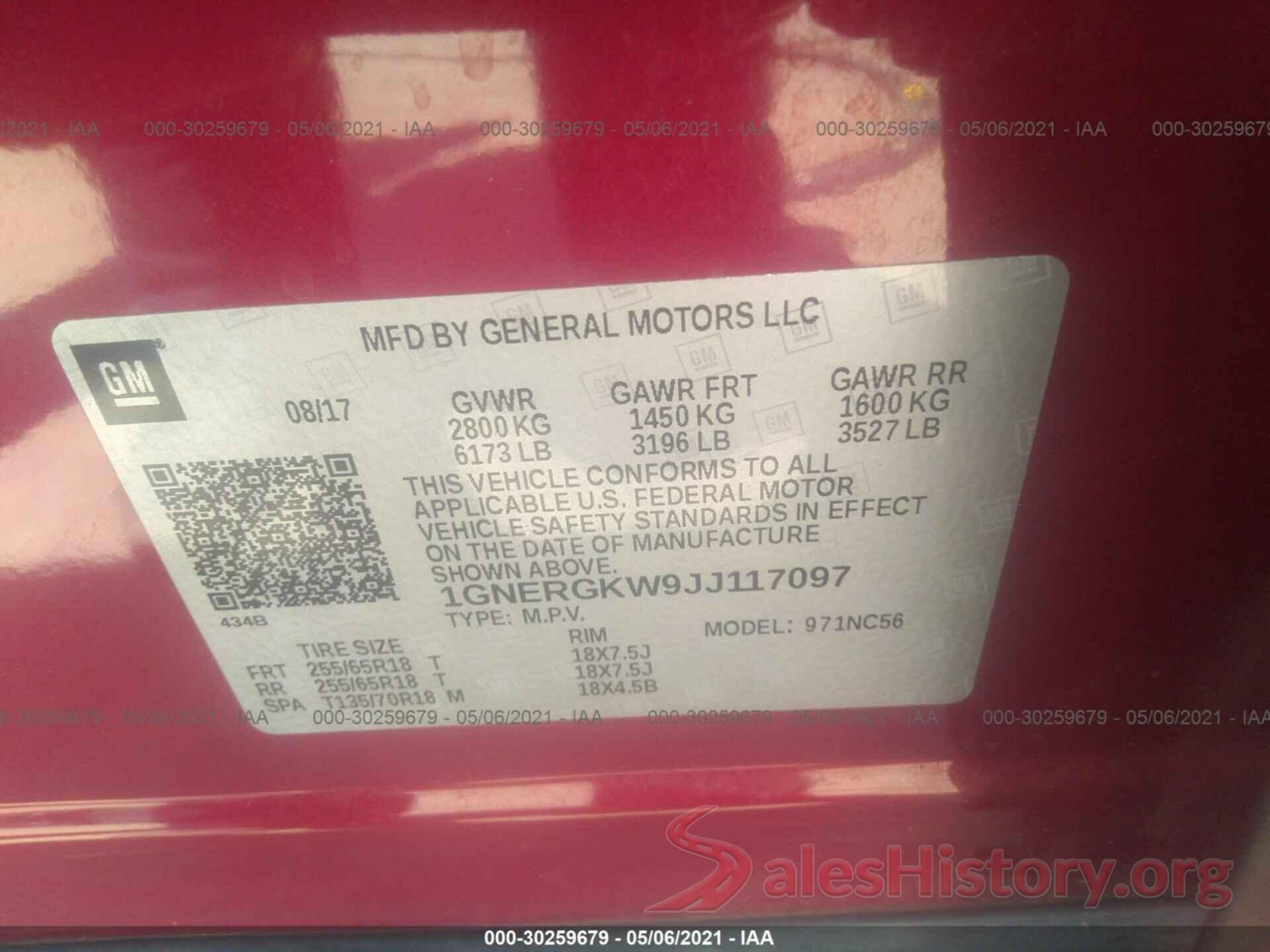 1GNERGKW9JJ117097 2018 CHEVROLET TRAVERSE