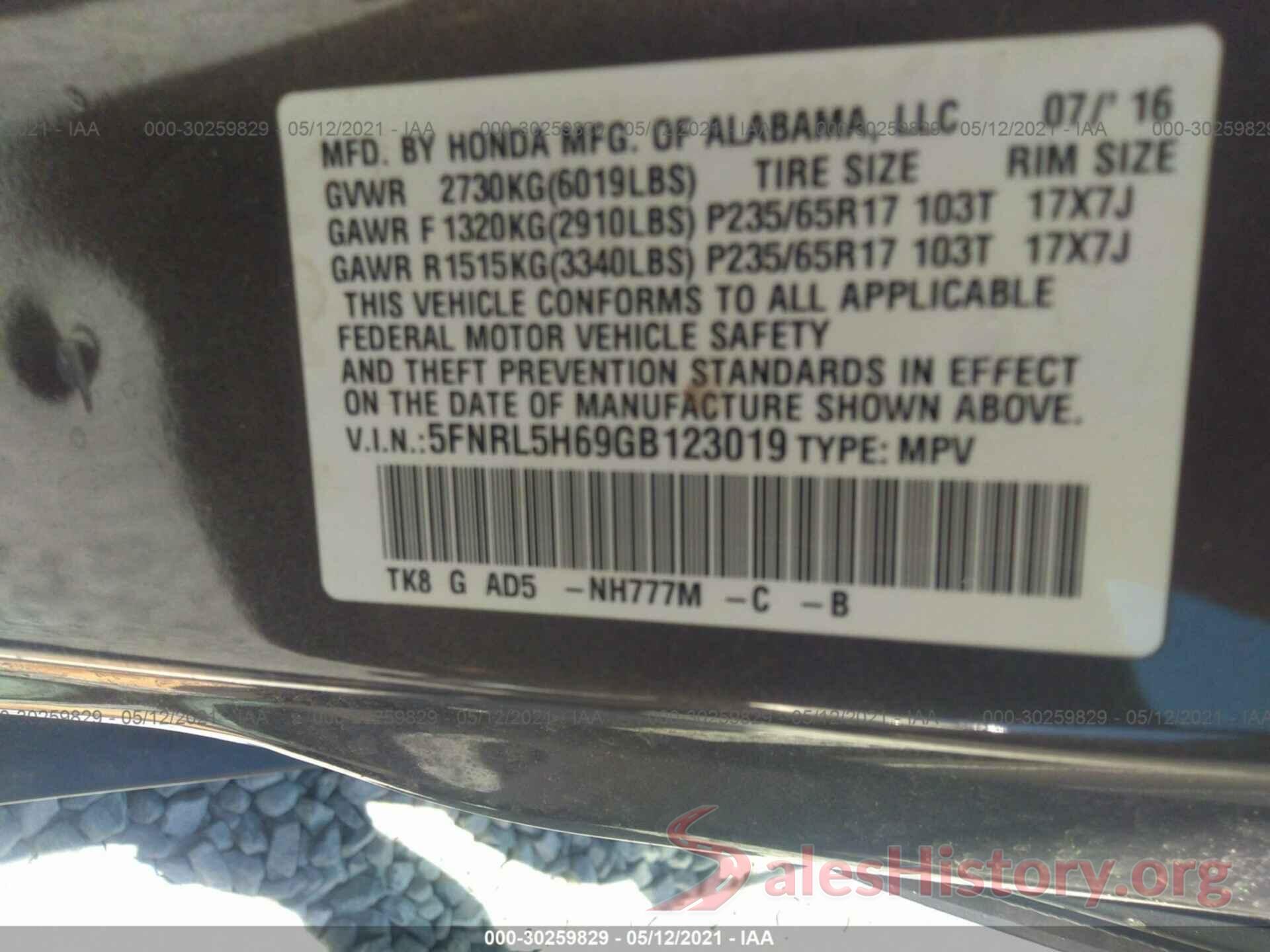 5FNRL5H69GB123019 2016 HONDA ODYSSEY