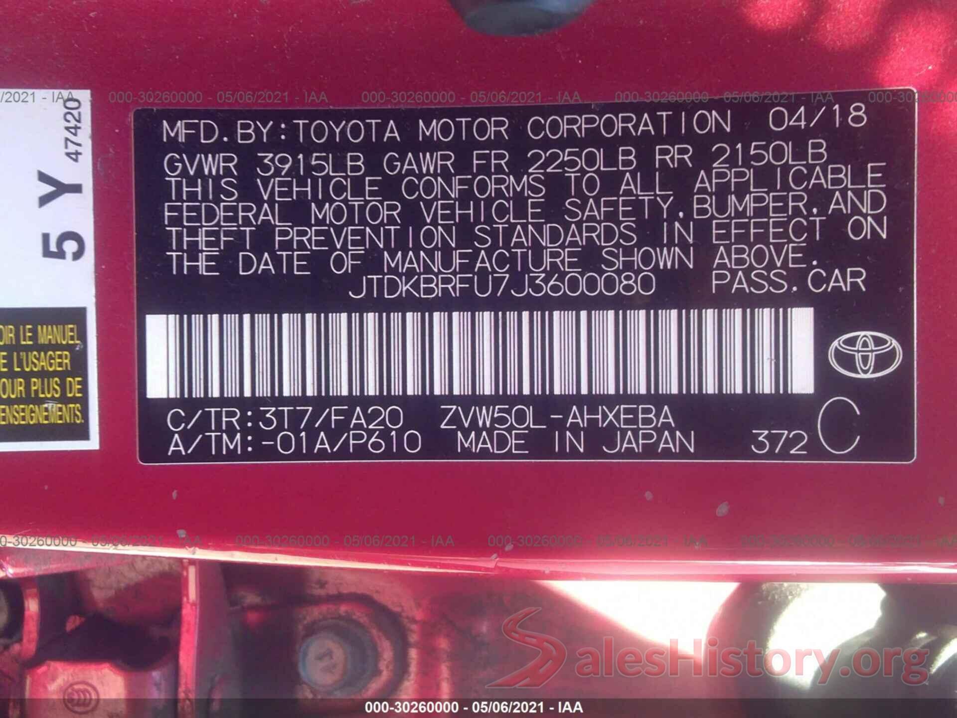 JTDKBRFU7J3600080 2018 TOYOTA PRIUS