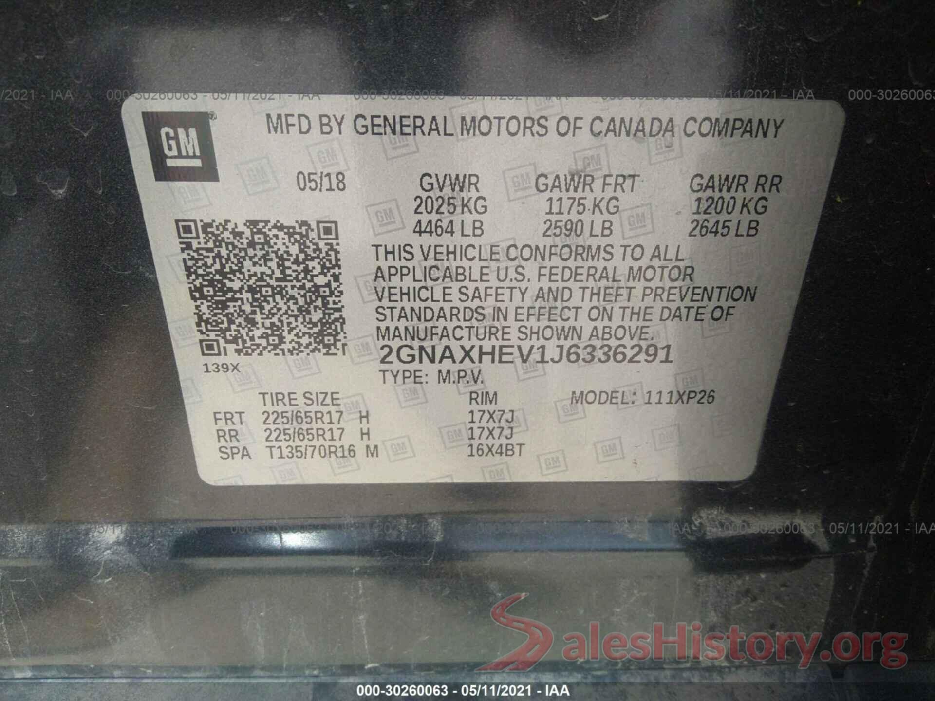 2GNAXHEV1J6336291 2018 CHEVROLET EQUINOX