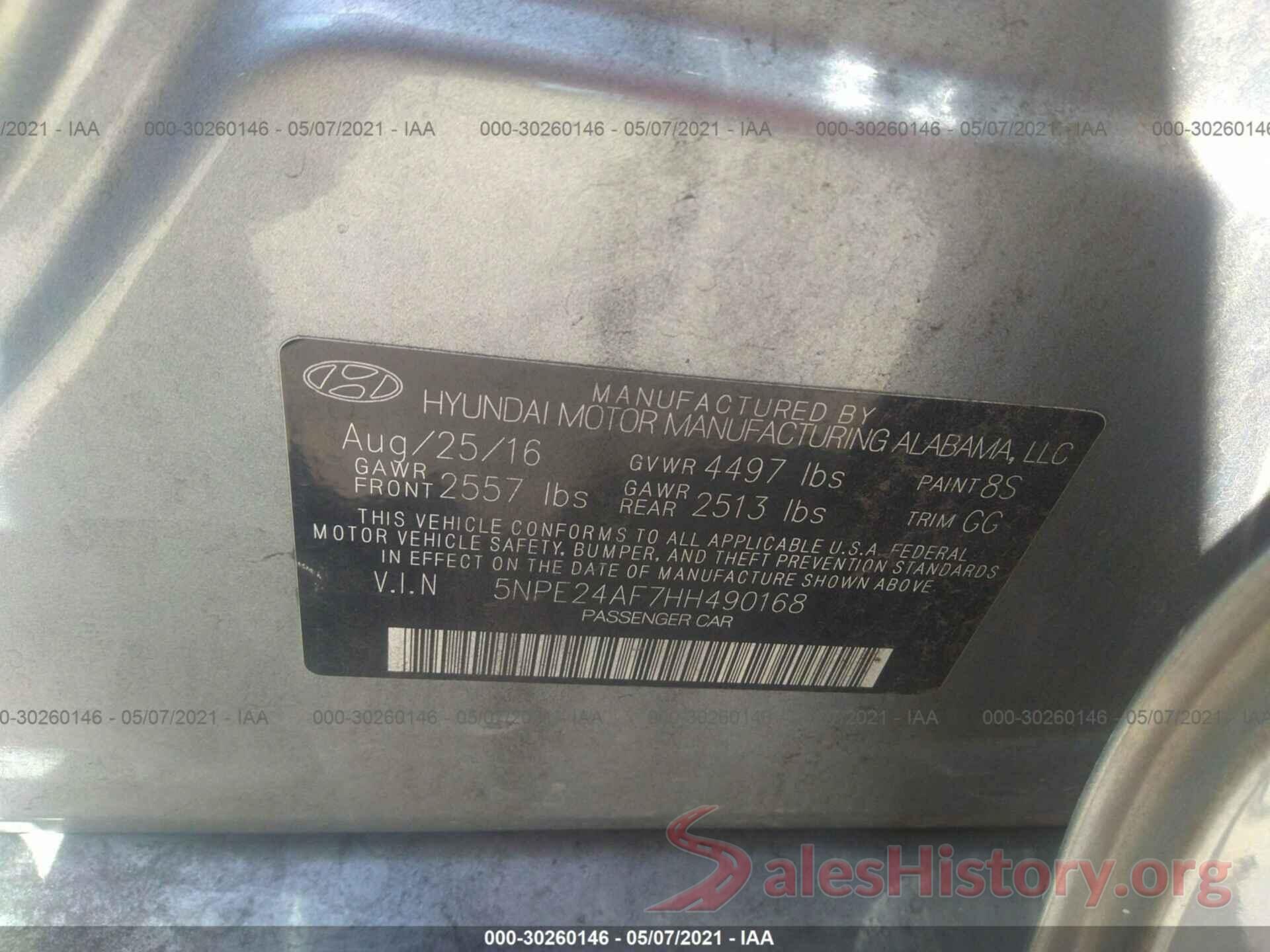 5NPE24AF7HH490168 2017 HYUNDAI SONATA