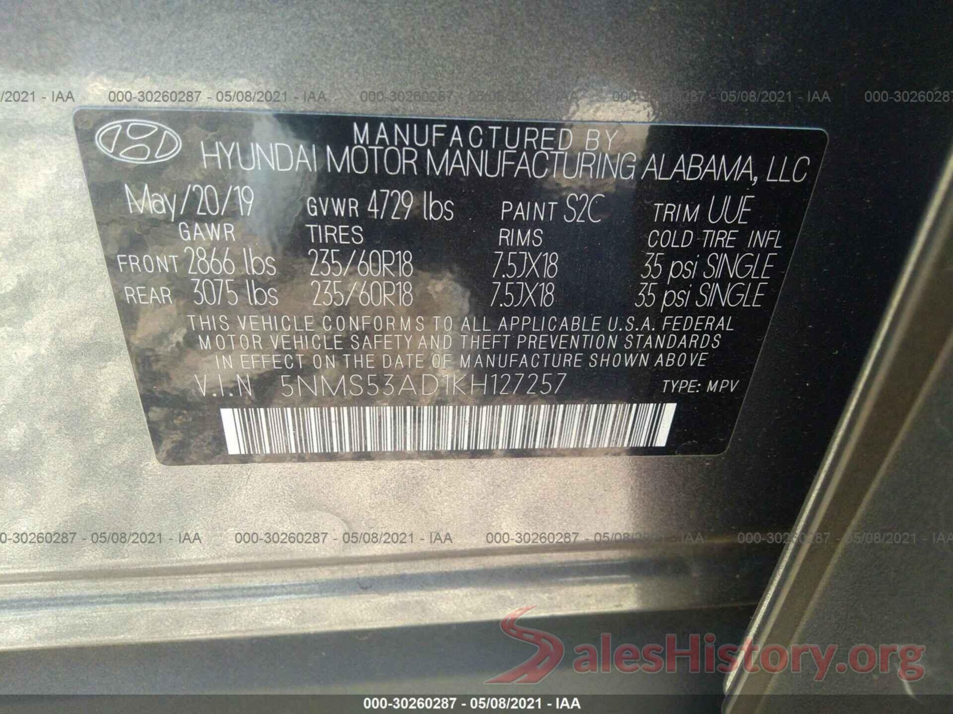 5NMS53AD1KH127257 2019 HYUNDAI SANTA FE