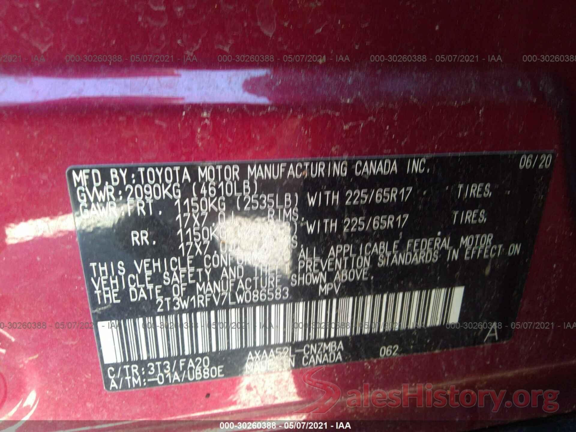 2T3W1RFV7LW086583 2020 TOYOTA RAV4