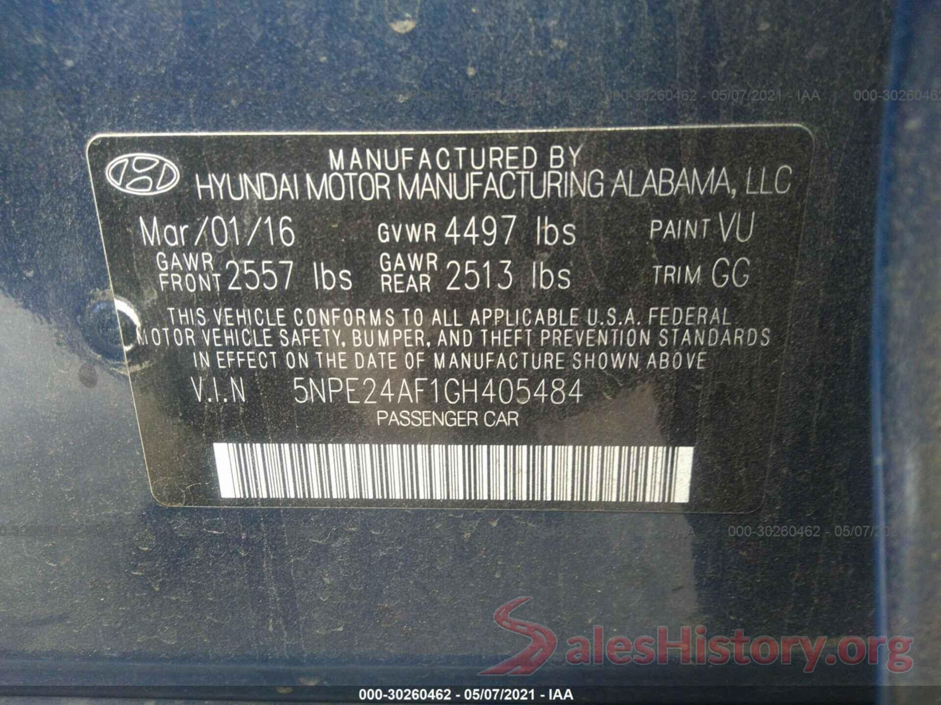 5NPE24AF1GH405484 2016 HYUNDAI SONATA