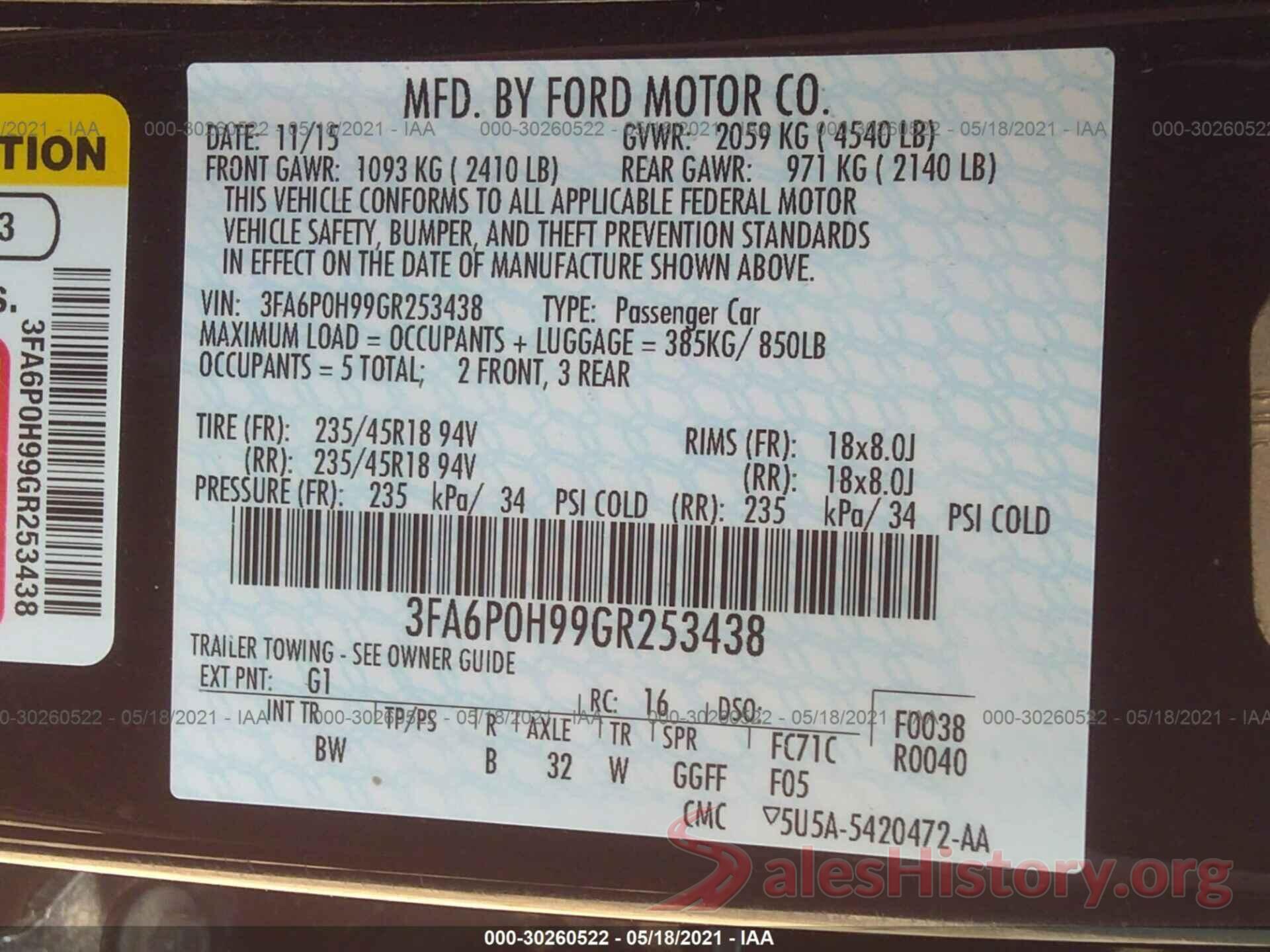 3FA6P0H99GR253438 2016 FORD FUSION