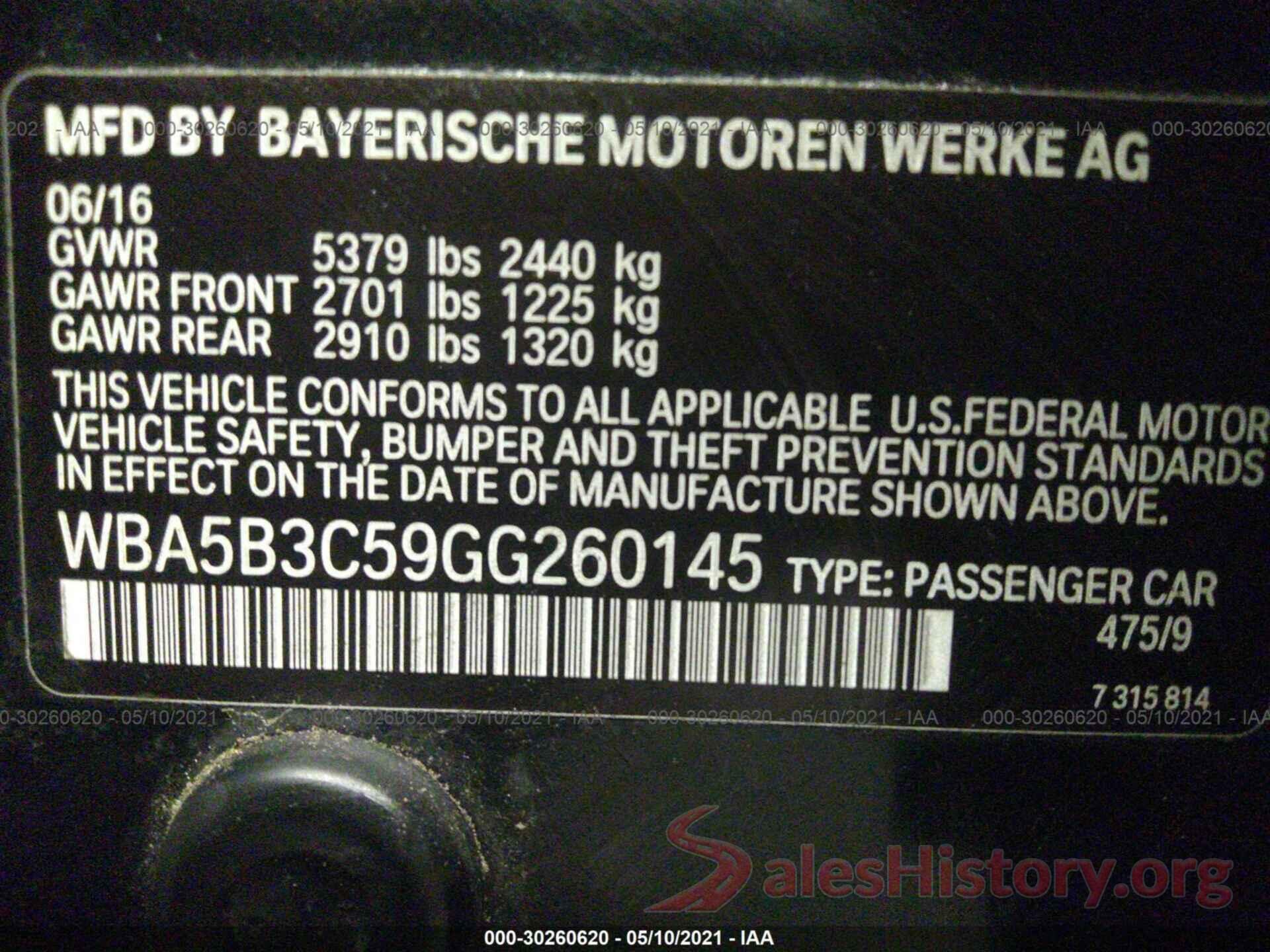 WBA5B3C59GG260145 2016 BMW 5 SERIES