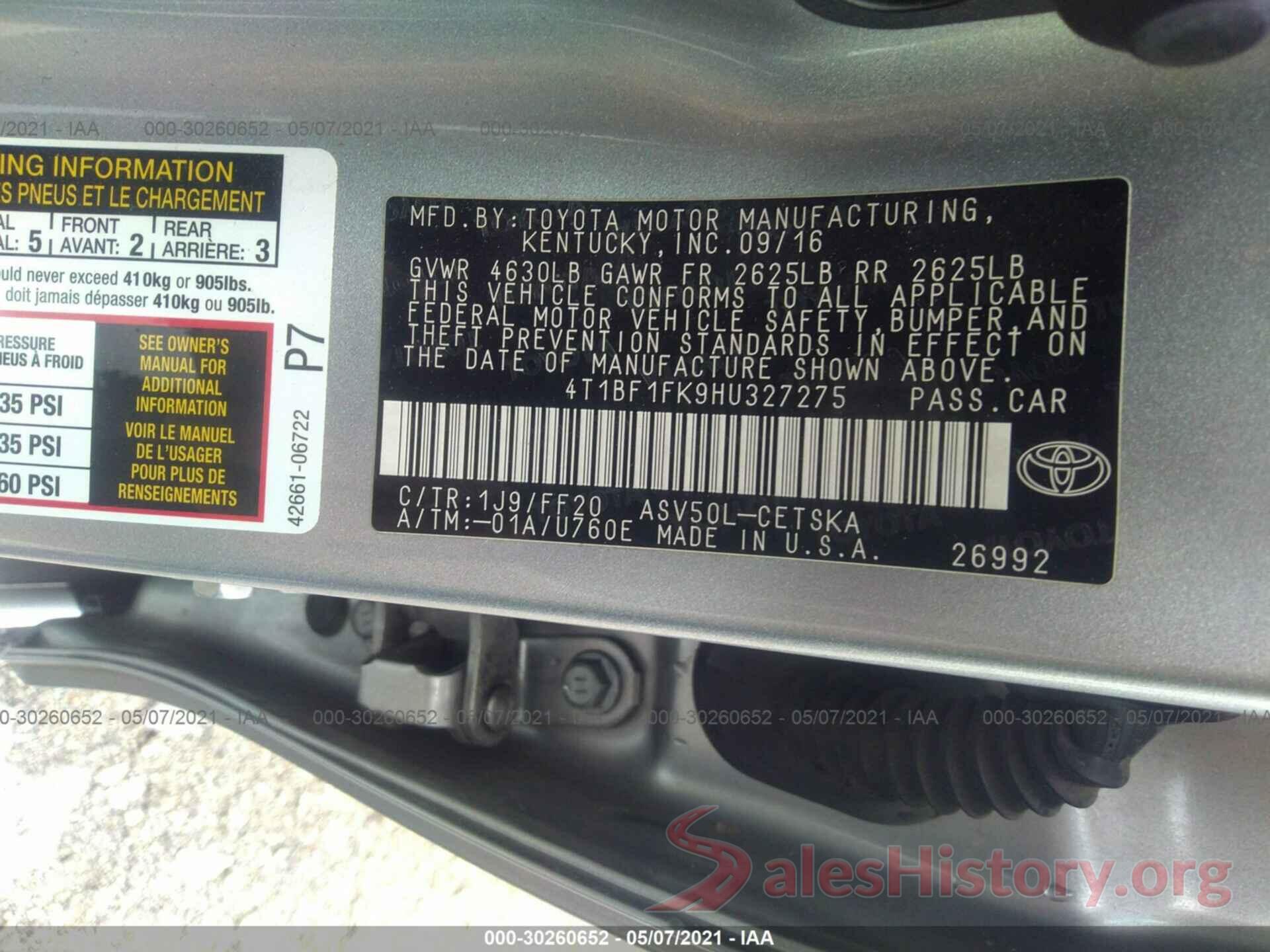 4T1BF1FK9HU327275 2017 TOYOTA CAMRY