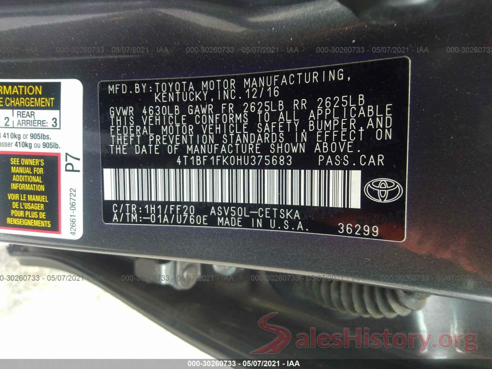 4T1BF1FK0HU375683 2017 TOYOTA CAMRY